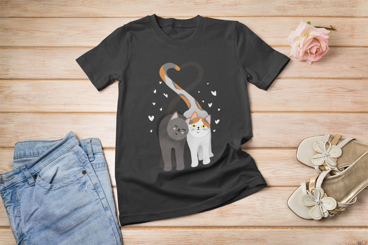 'In Love Cats' t-shirt in black, styled flat lay on wood floor, funny gift for cat lovers