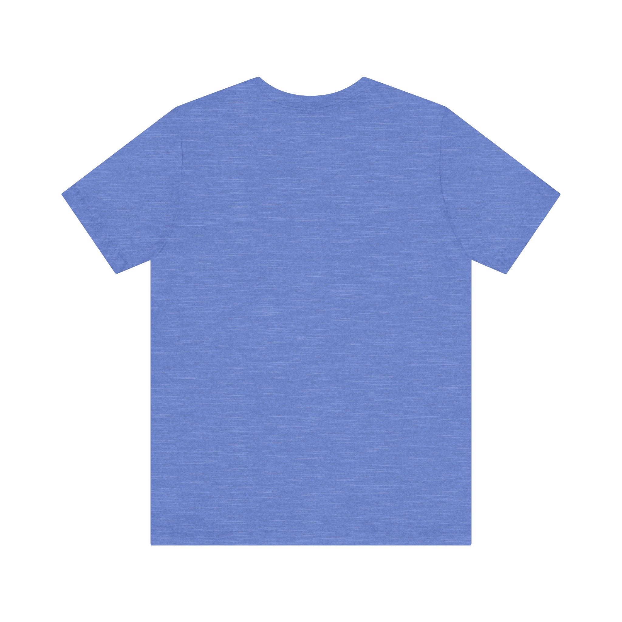 A plain heather blue short-sleeve t-shirt shown flat with the back facing up, featuring the text "I Automated My Job But Still Show Up for the Meetings"āa perfect subtle tech humor gift for programmers.