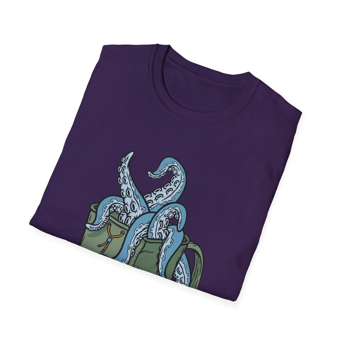 'Octopus Comes Out of the Bag' t-shirt in purple, folded flat lay, funny gift for hikers and campers