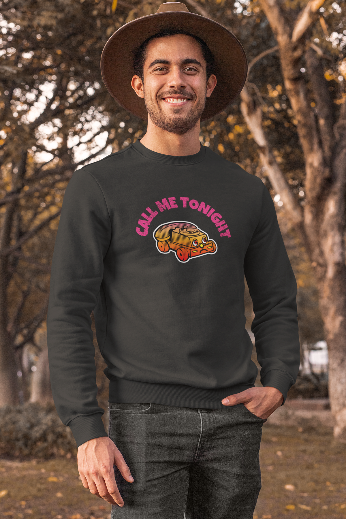 'Call Me Tonight' taco car graphic sweatshirt in charcoal, man wearing it outdoors, funny food pun gift