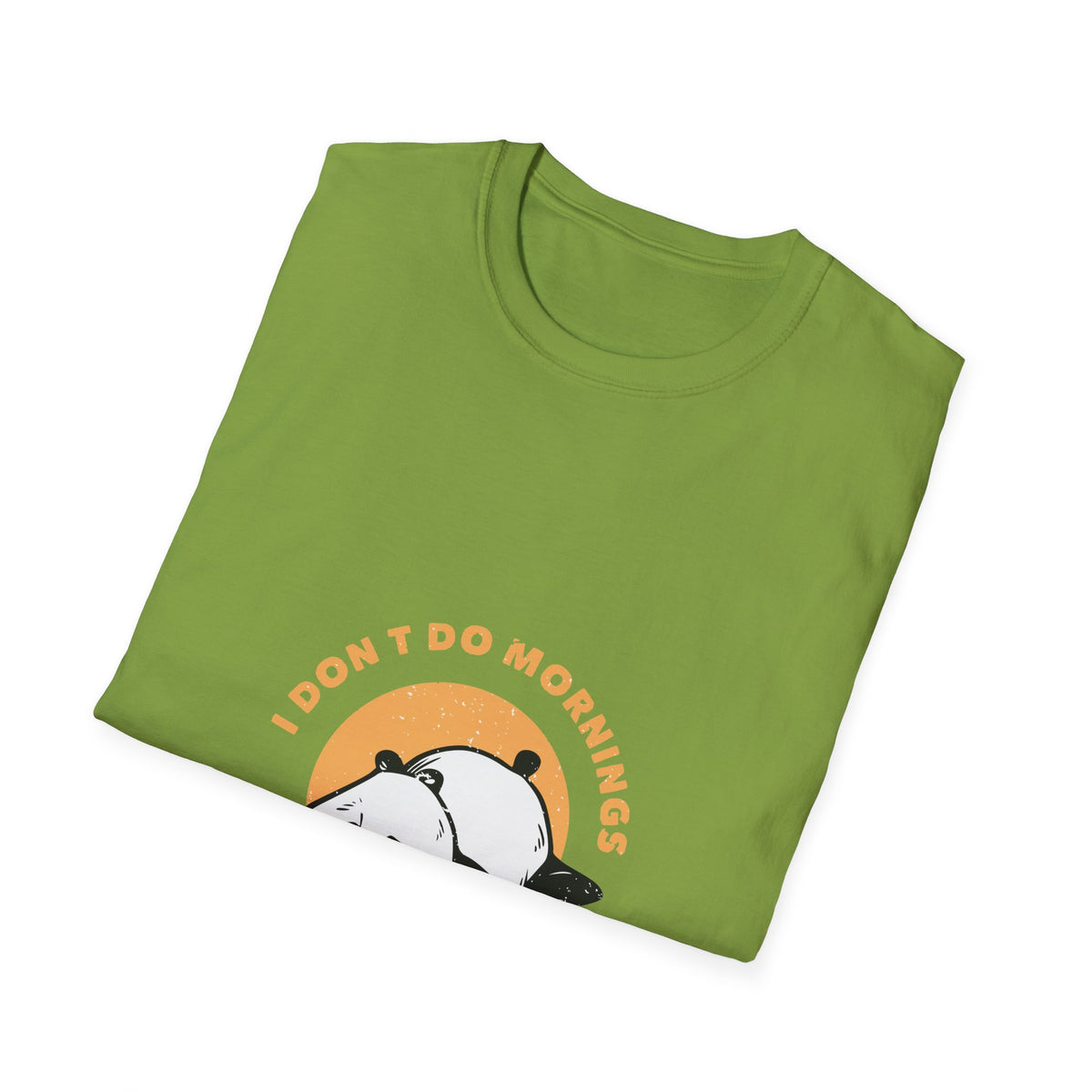 'I Don't Do Mornings' sleepy panda print folded on kiwi green t-shirt, funny sunrise graphic gift