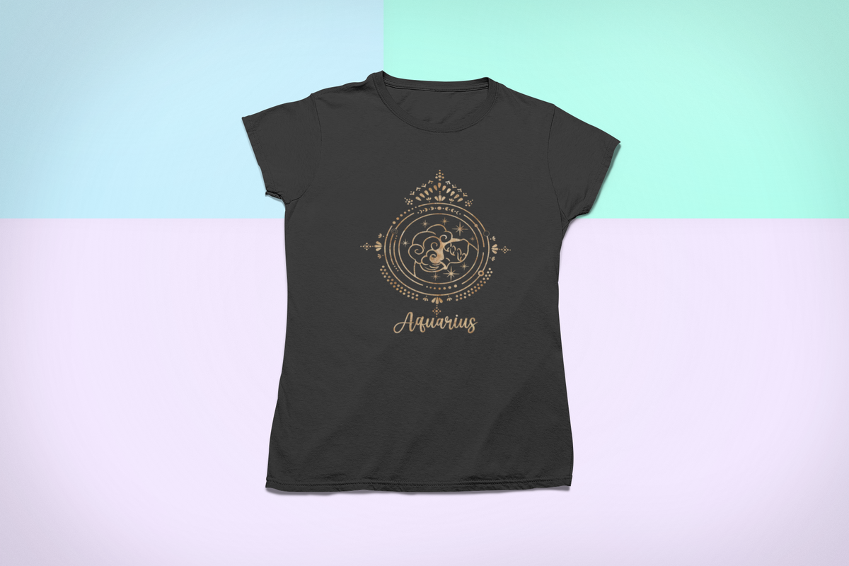 Aquarius zodiac T-shirt in black, flat lay on a pastel backdrop, funny gift for zodiac lovers