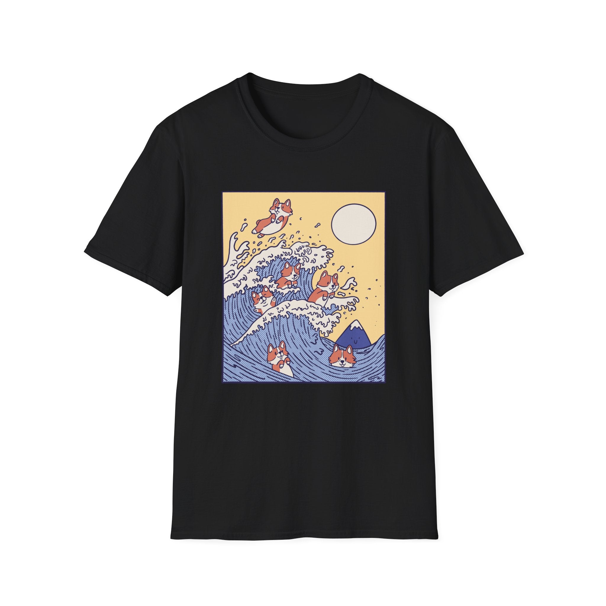 Wave of Pets T-Shirt: This black tee showcases a whimsical design with cartoon foxes riding stylized ocean waves beneath the sun, encapsulating an aquatic adventure.
