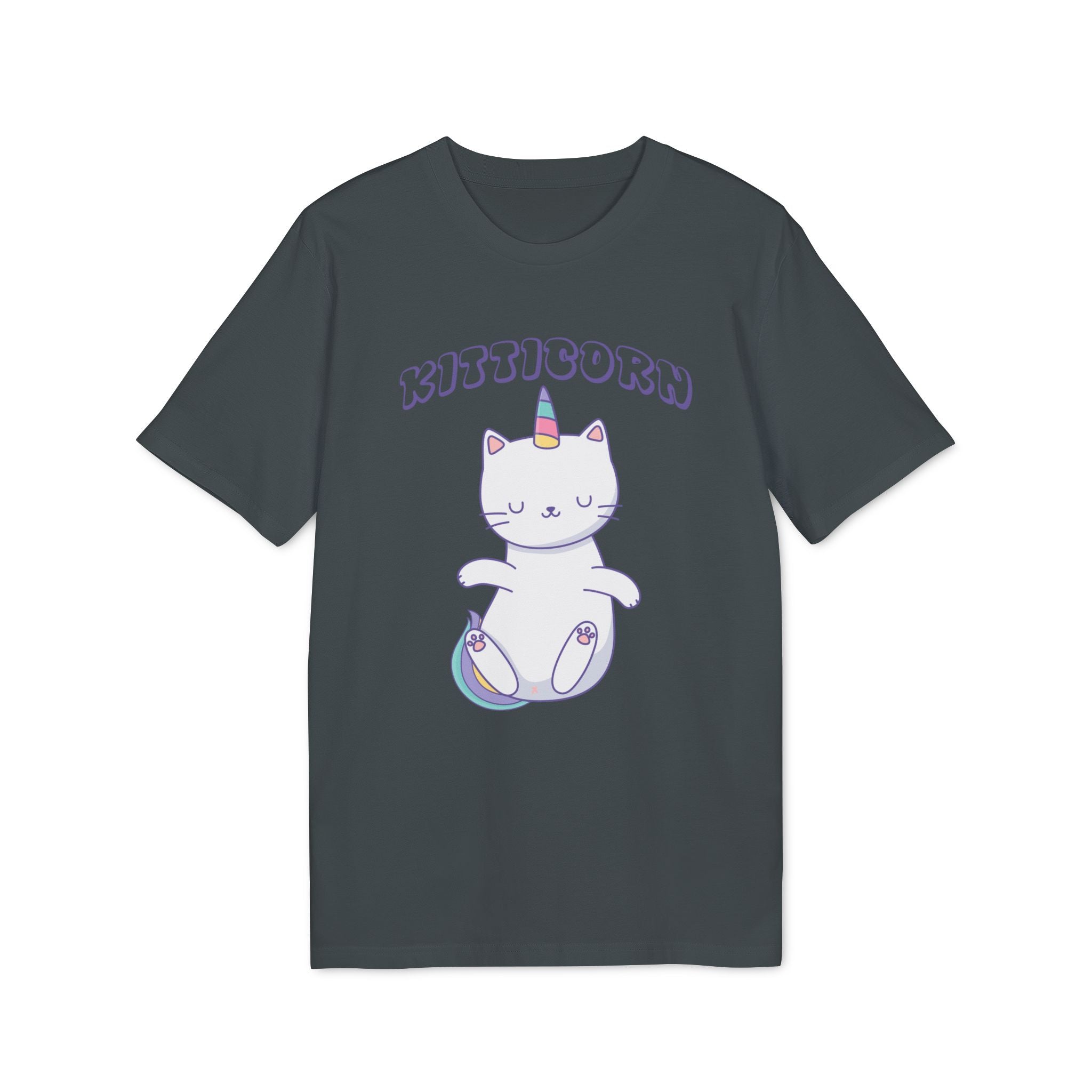 The Organic T-Shirt - Kitticorn Design features a dark shirt with a white cat sporting a rainbow unicorn horn and tail, "KITTICORN" in purple, and makes a unique gift for cat or unicorn lovers.