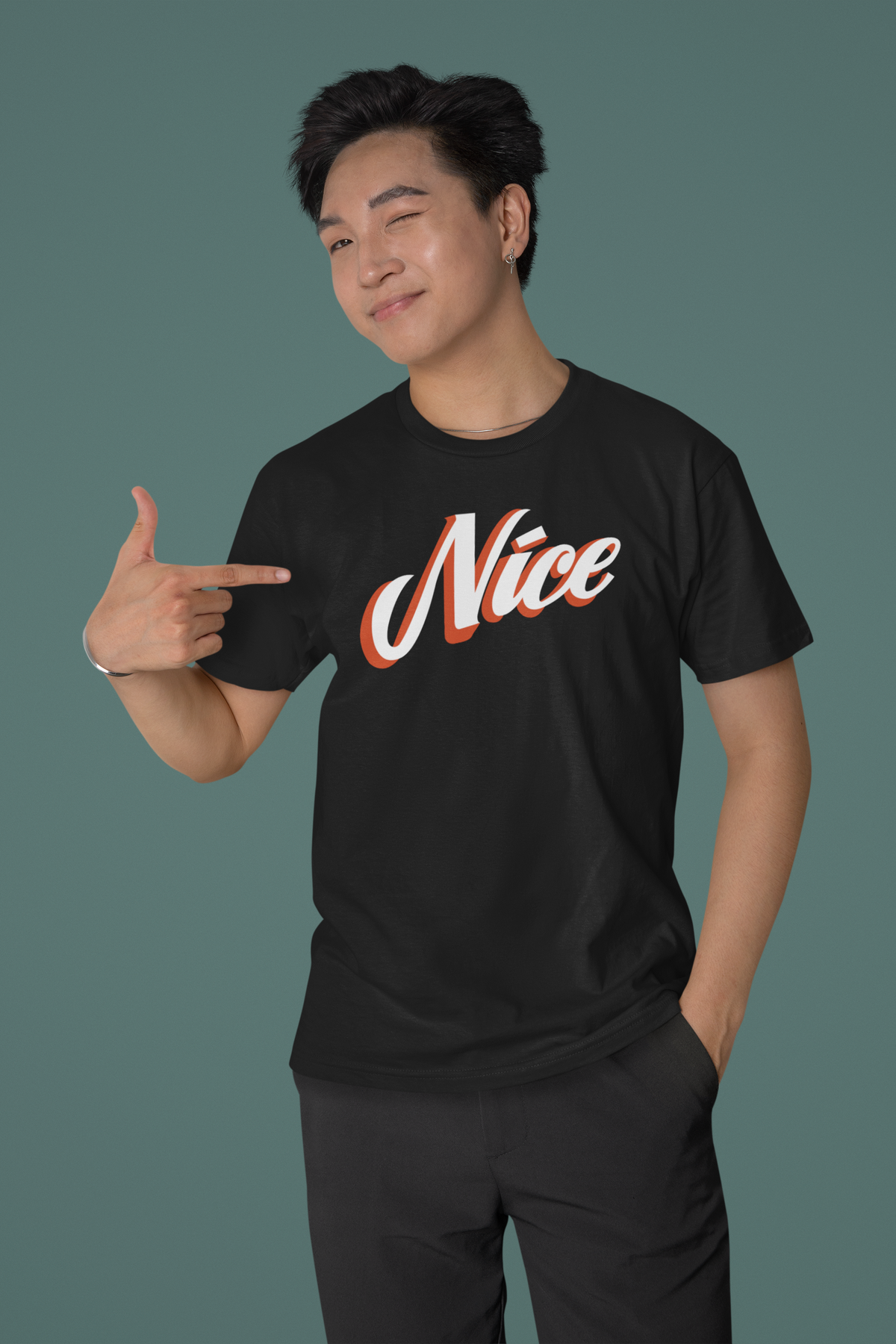 Nice script tee in black, man pointing at the print, funny sarcastic gift for coworkers