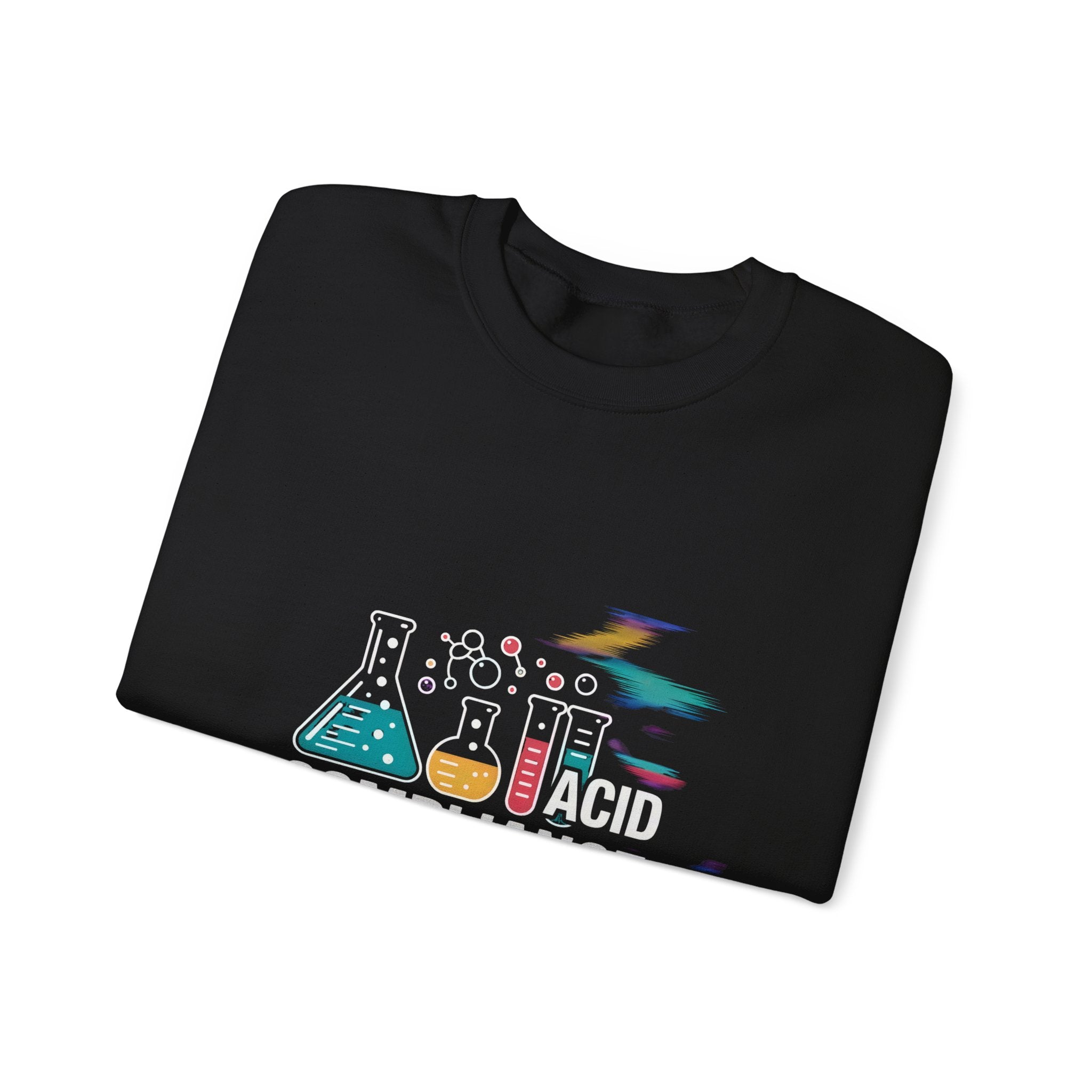 Folded black "ACID Compliance Is My Middle Name" sweatshirt with vibrant lab flask and beaker illustrations—bold "ACID" in white letters makes it a standout choice for any sci-fi lover.