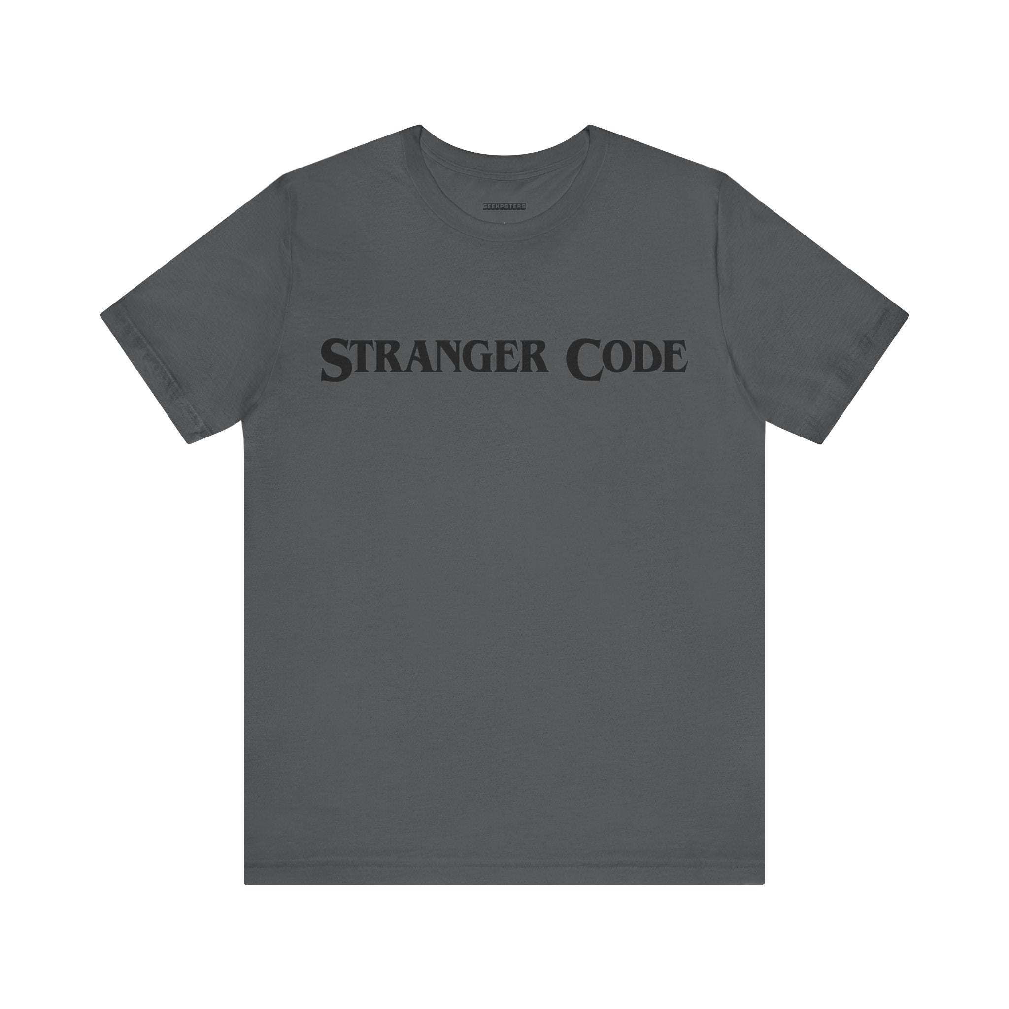 The Stranger Code Tee Shirt is a gray T-shirt crafted from soft cotton, showcasing the text "STRANGER CODE" in a high-quality print on the front. This timeless unisex jersey tee seamlessly blends comfort and style.