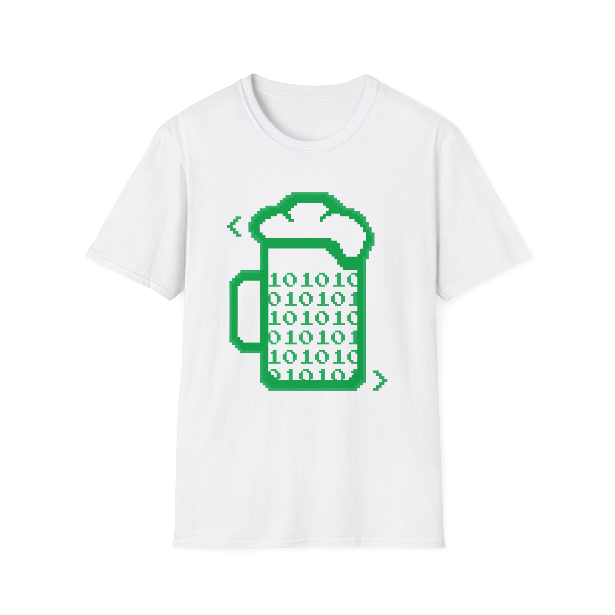 The "This is How I Love to Code T-Shirt" is a white shirt featuring a green pixel art beer mug filled with binary digits—ideal apparel for programmers who enjoy coding and having fun.