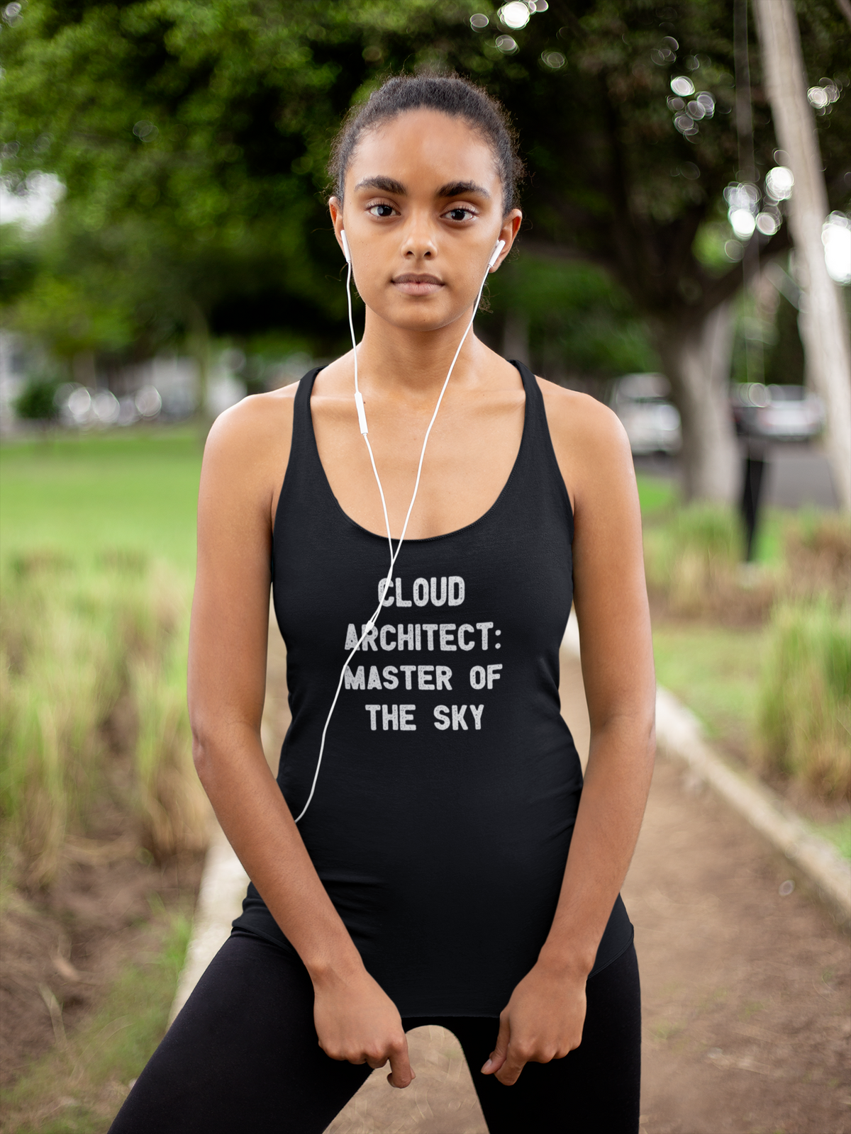 'Cloud Architect Women's Tank' in black, woman in a park, Tank Top mockup, Geekpsters