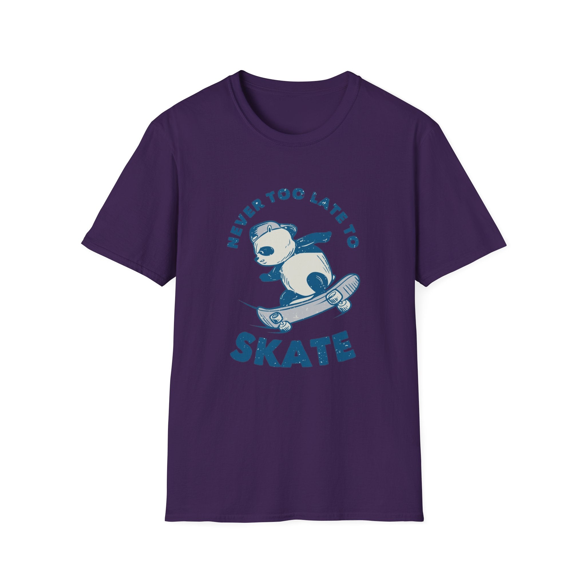The "Never Too Late to Skate" T-shirt is a purple top showcasing a cartoon panda on a skateboard, ideal for those who cherish their love of skating.