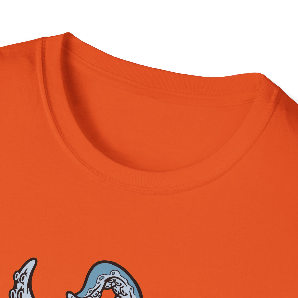 'Octopus Comes Out of the Bag' t-shirt in orange, close-up of neckline and print, camping gift idea