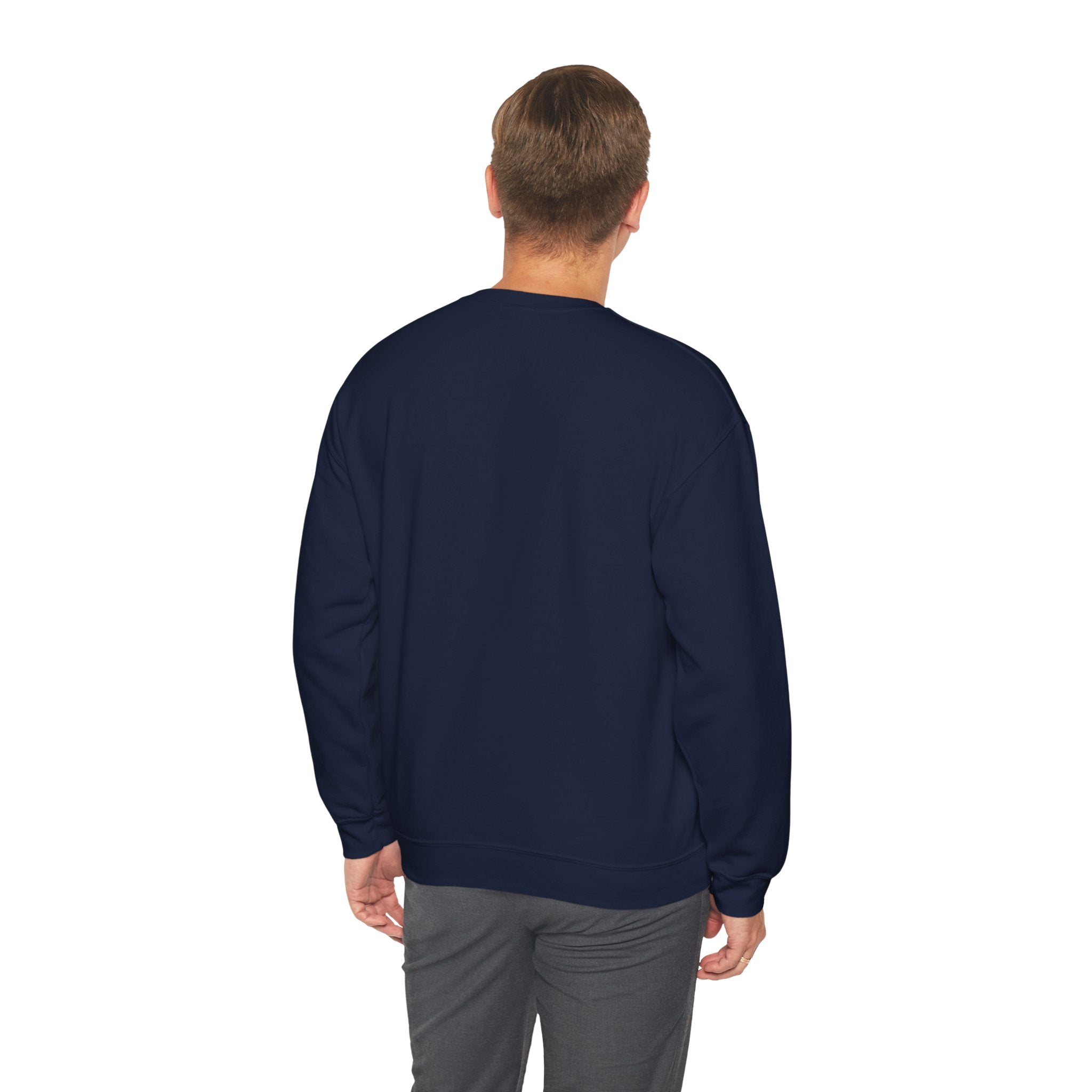 Wearing the "Migration Plan Copy and Pray" navy sweatshirt and gray pants, the person embraces the colder weather while facing away.
