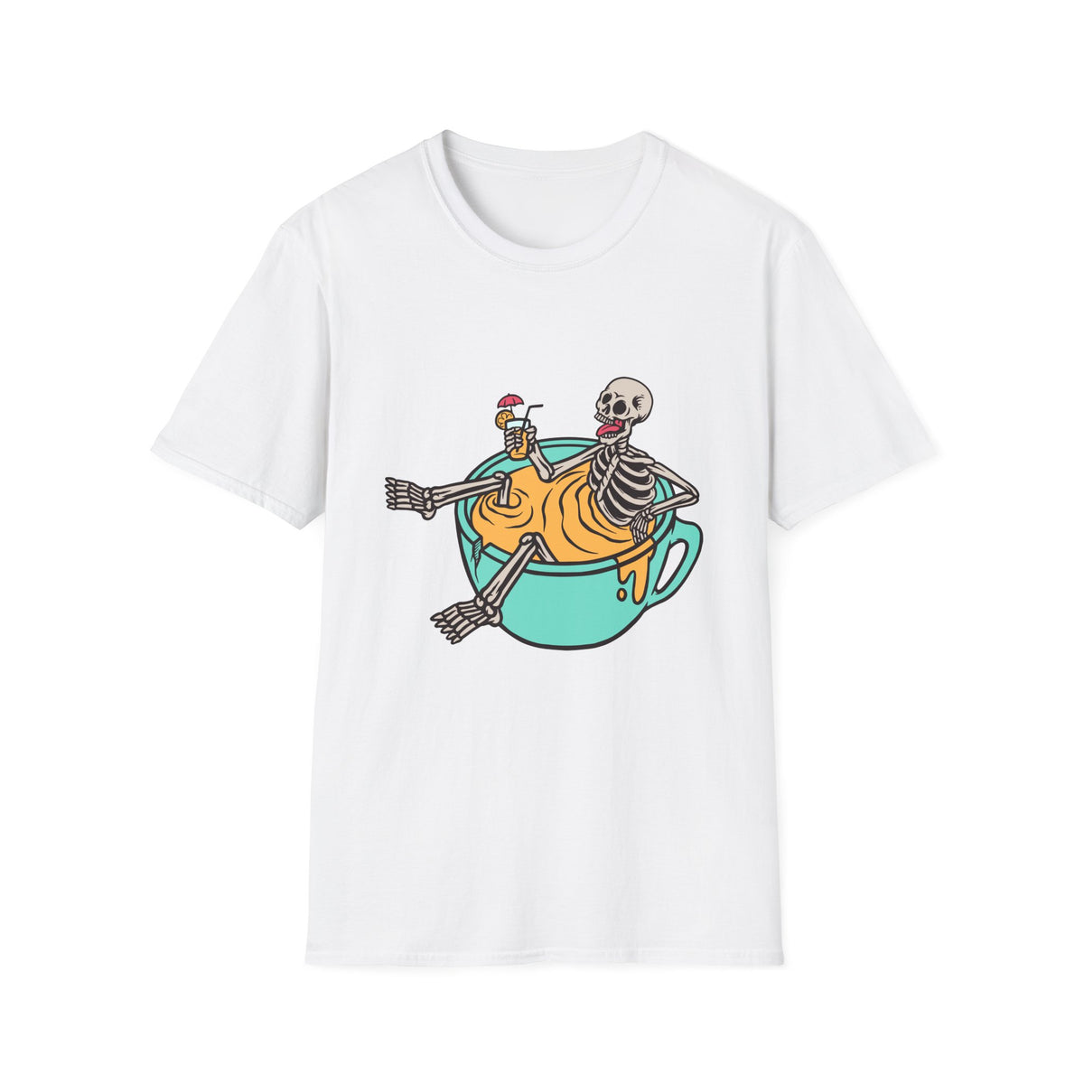 'Relaxing Skull' skeletons in a teacup t-shirt in white, funny gift for coffee lovers