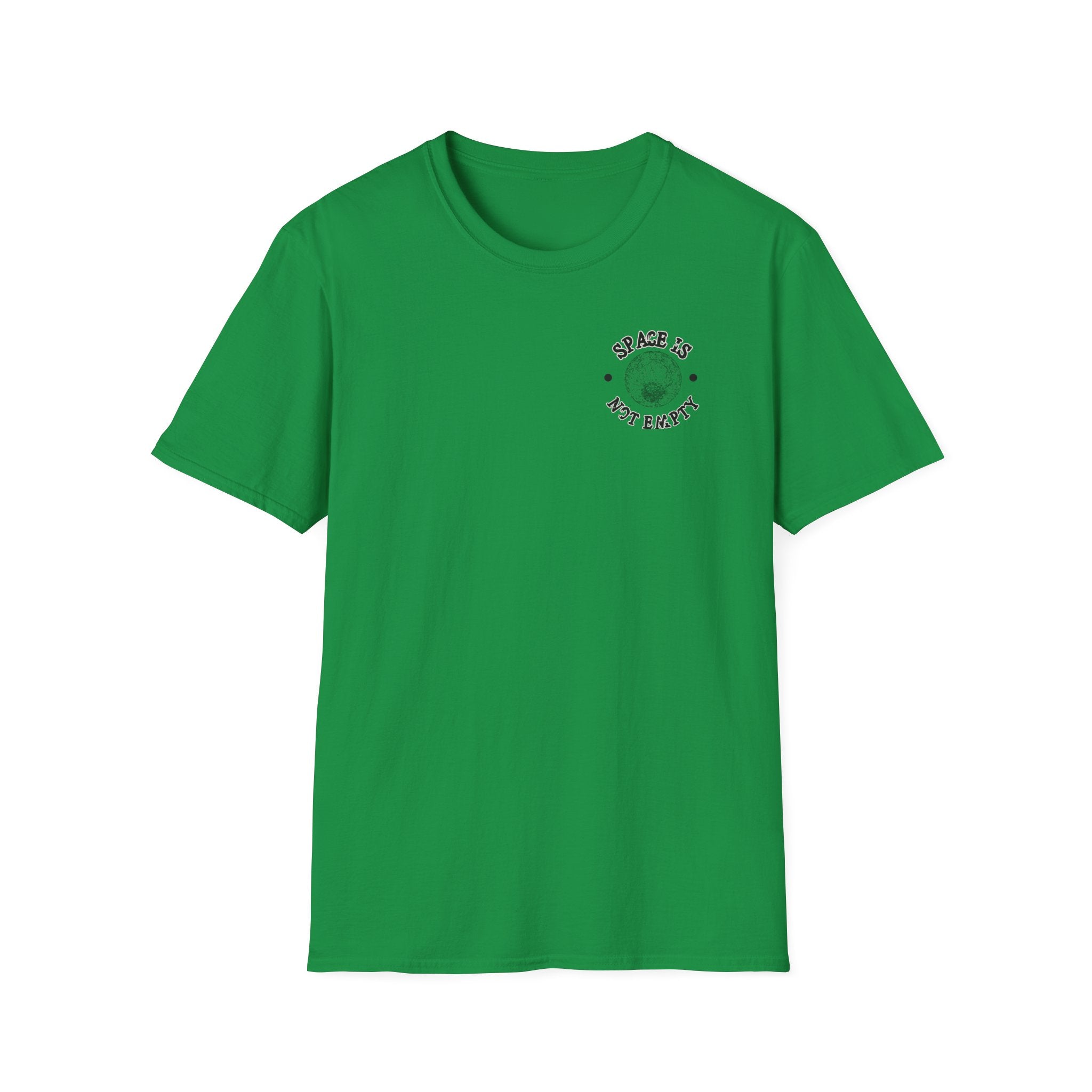 Deep Deep Space T-Shirt, made from soft cotton for a comfortable fit, features small text on the chest that reads "Space is Not Empty," accompanied by small stars and a planet graphic.