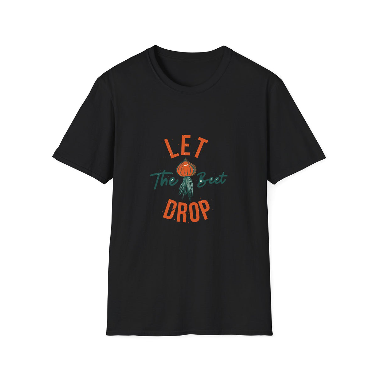 'Let the Beet Drop' funny beet pun t-shirt in black, gift for gardeners and vegetable lovers