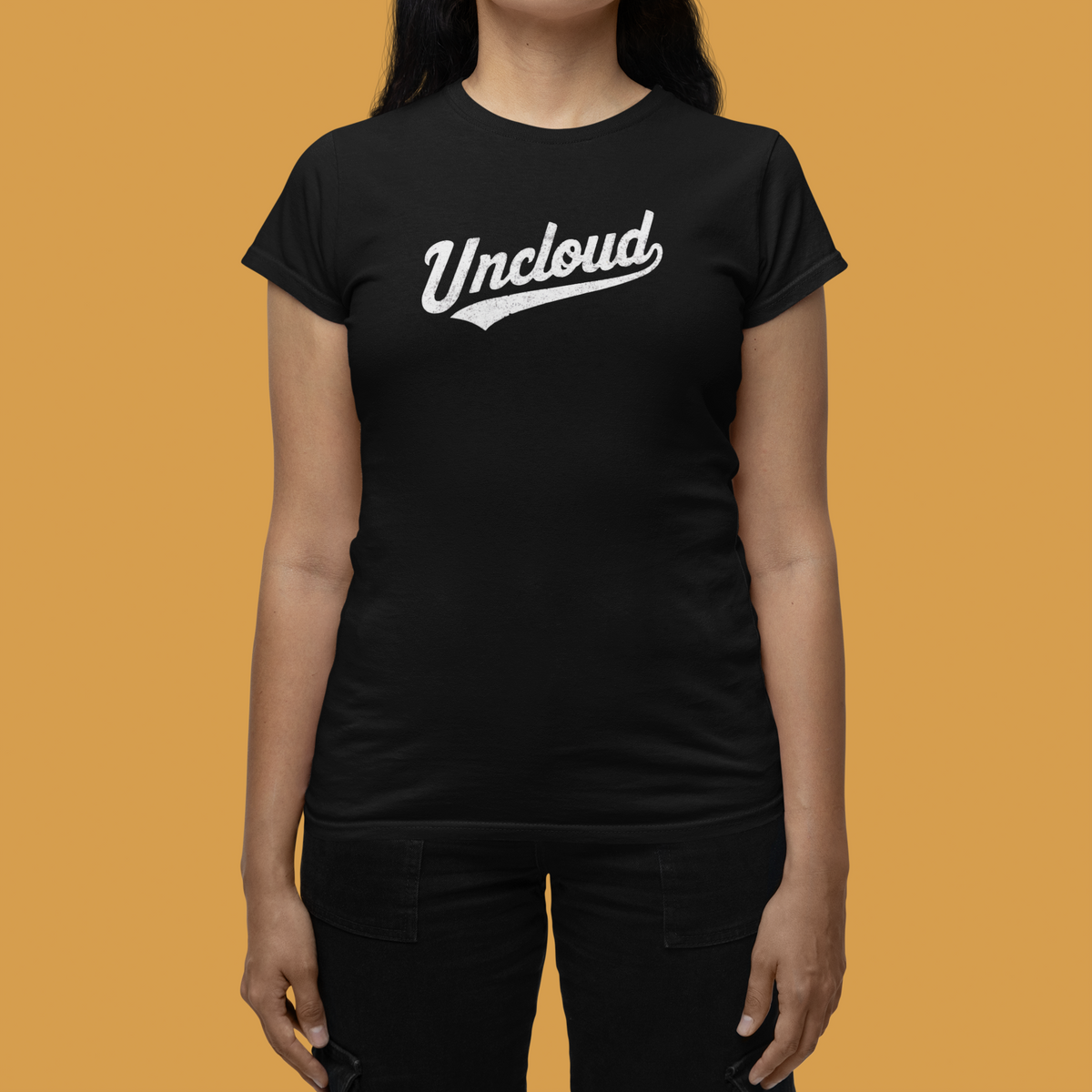 Uncloud script logo t-shirt in black, close up of woman wearing it, funny gift idea for her