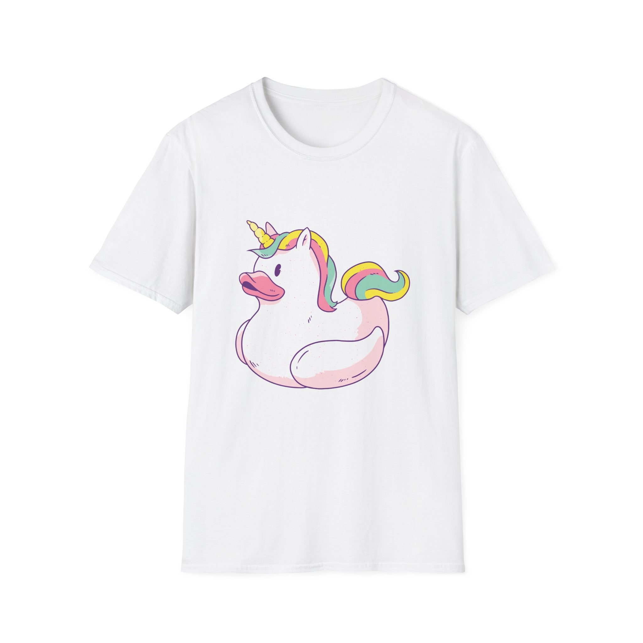 Unicorn Duck T-Shirt: A white tee with a rubber duck illustration, complete with a unicorn horn and multicolored mane, ideal for tech-savvy trendsetters who embrace geeky flair.