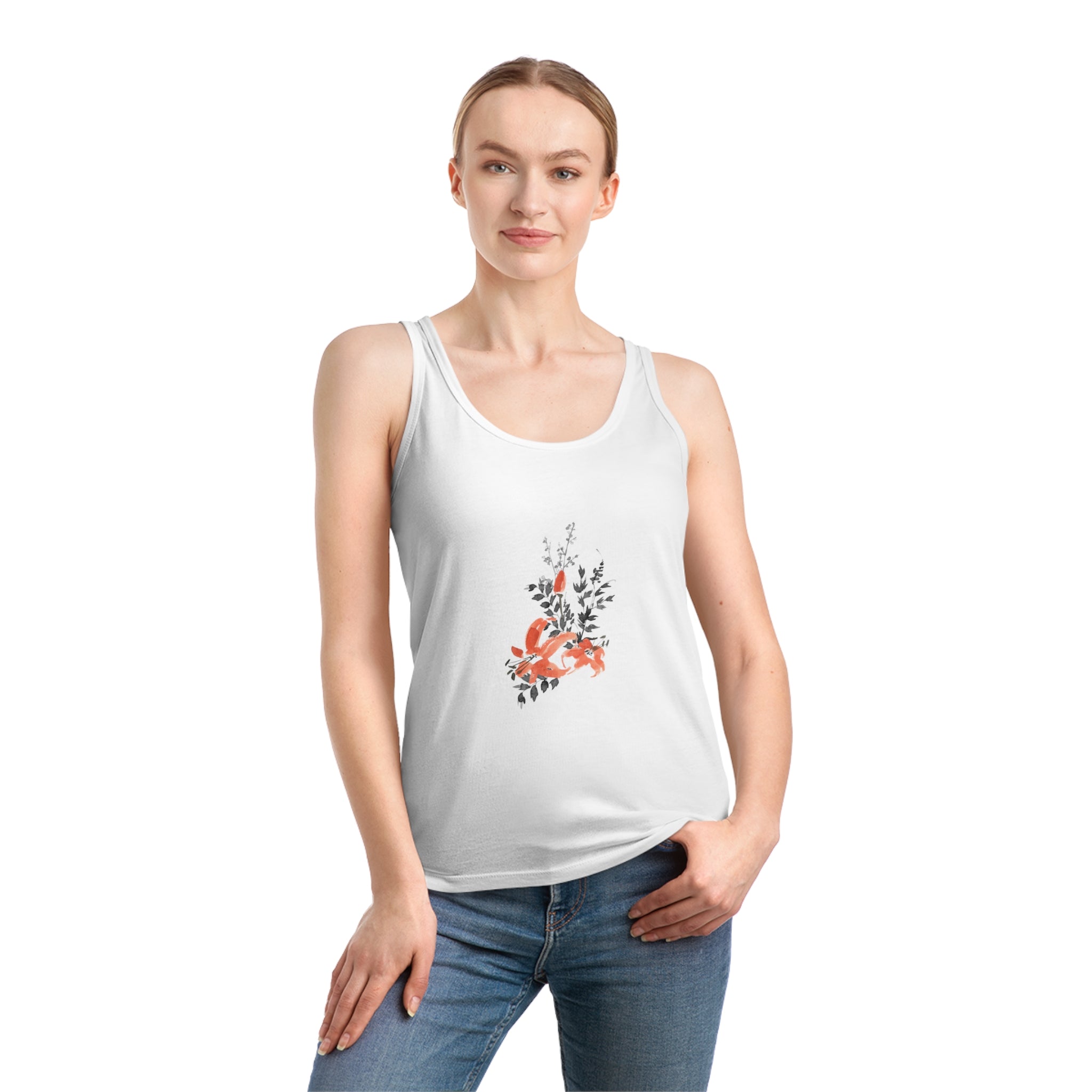 A person confidently poses against a plain white background, wearing the Flowers Women's Dreamer Tank Top made from organic cotton, showcasing a red koi fish and black floral design.