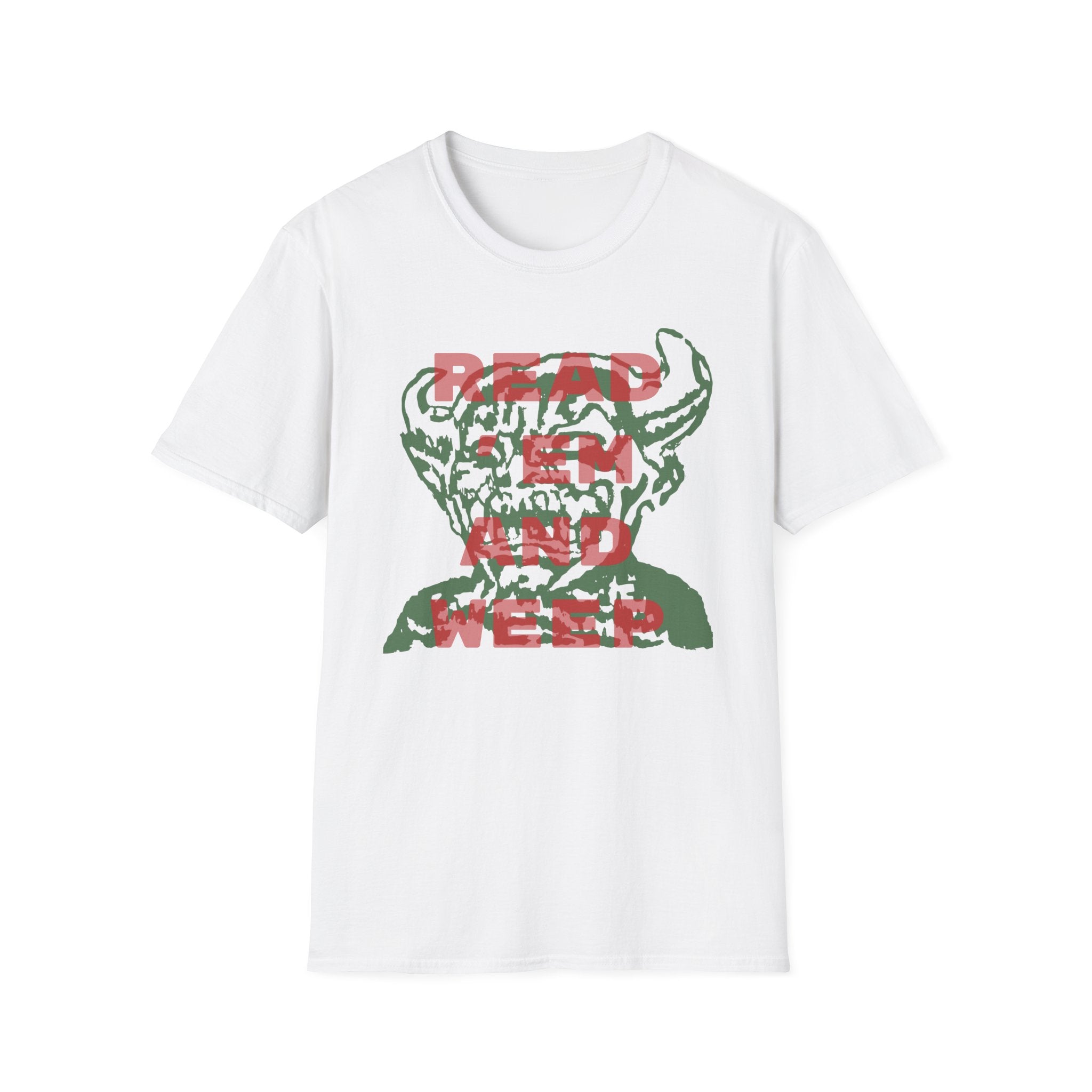 The Read Them and Weep - By MISTO T-Shirt features a white design with a red and green graphic of a horned figure, accompanied by the text "READ EM AND WEEP," inspiring curiosity and promoting a path of self-discovery.