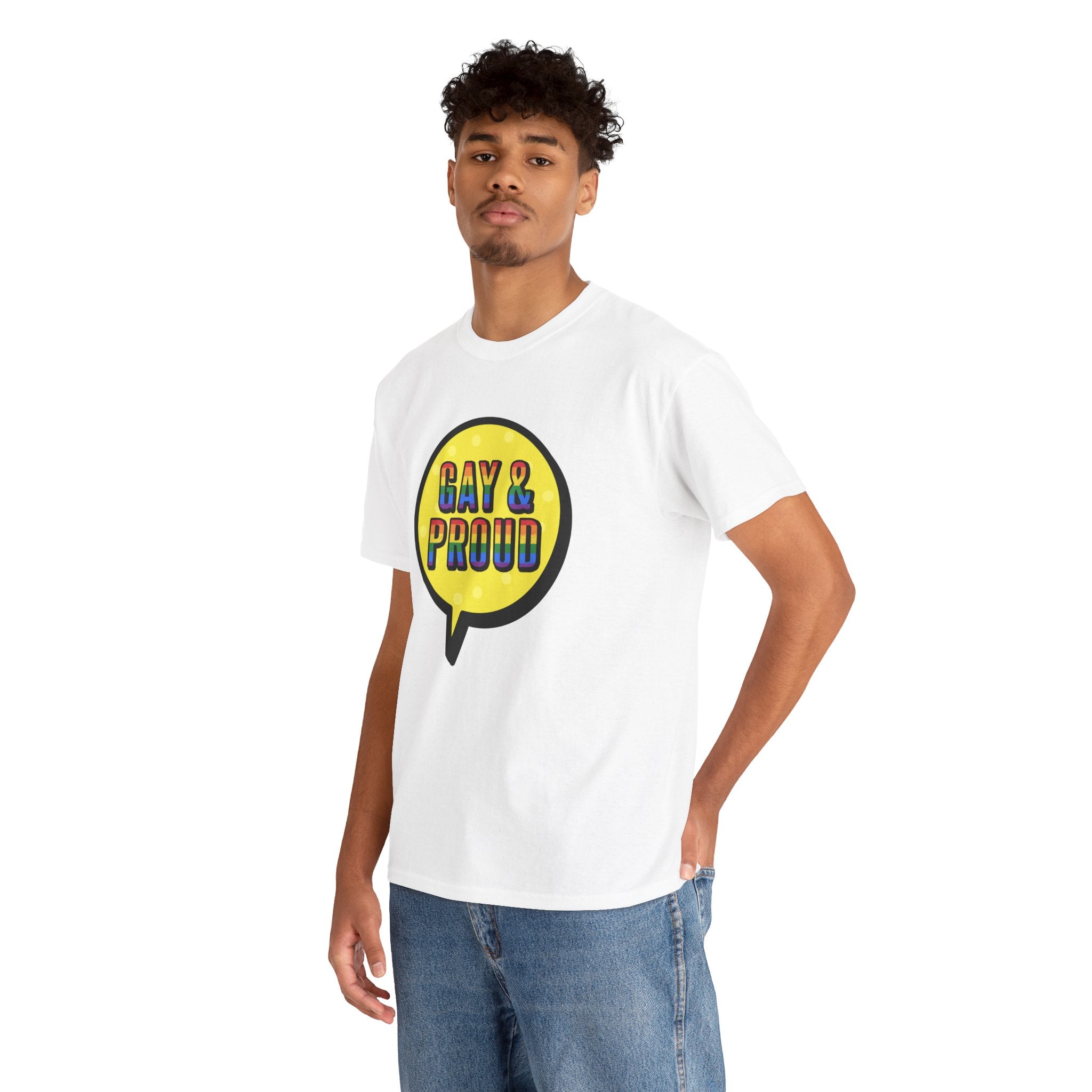 Someone wearing the Gay & Proud T-Shirt, a comfortable white cotton shirt featuring a speech bubble design with the words "Gay & Proud," ideal for everyday wear.