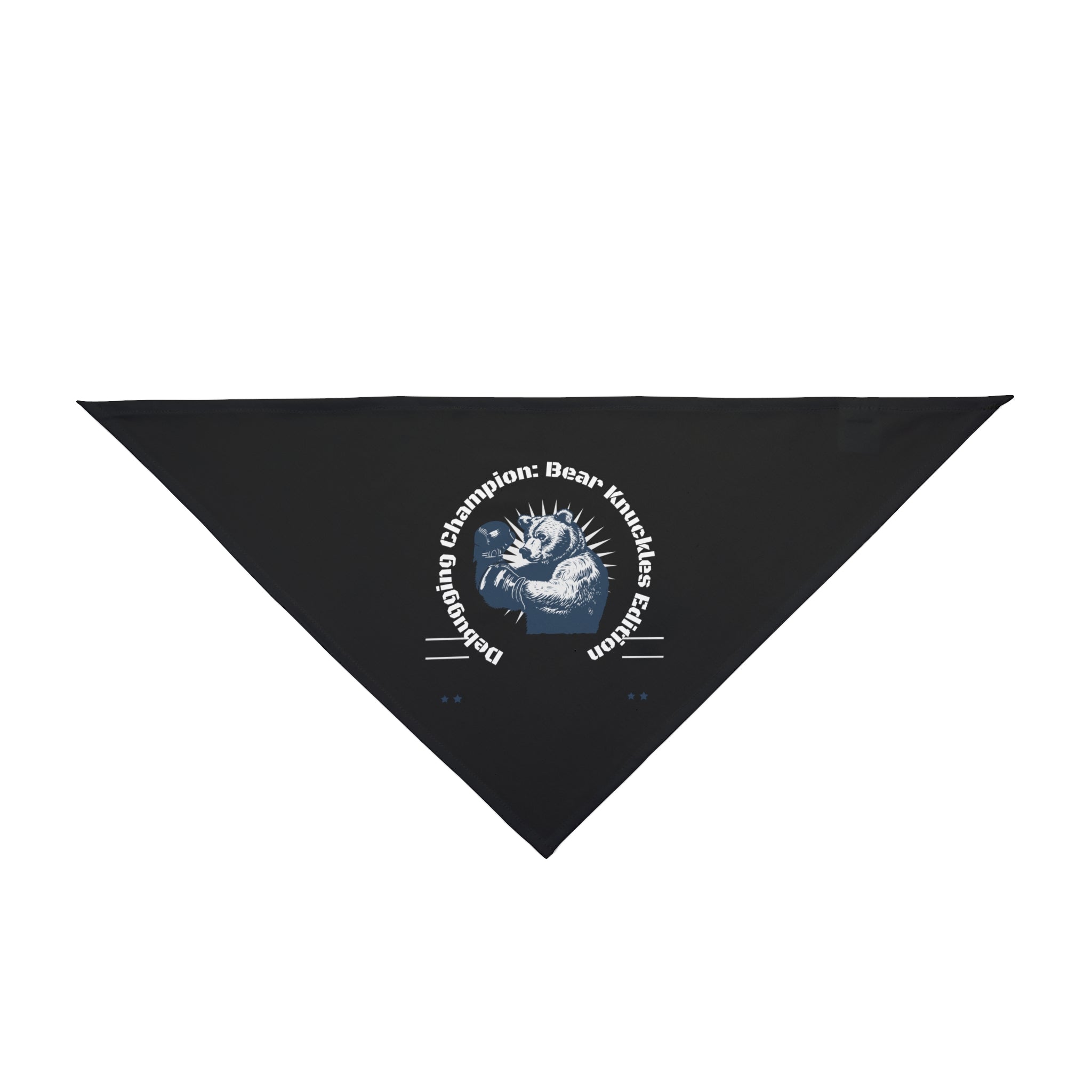 The Debugging Champion - Pet Bandana is a black triangular accessory with a white bear graphic and “Champion: Bear Knuckles Edition, Bubshopping” text. Machine washable and perfect for your furry friend.