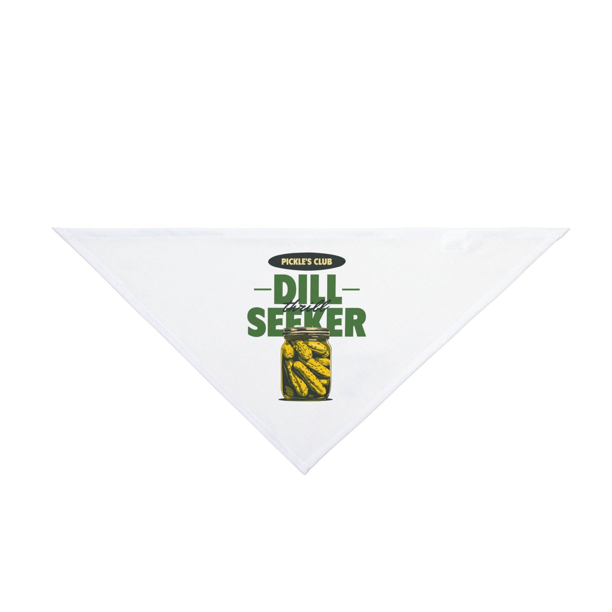 The Dill Seeker - Pet Bandana is a white triangular bandana featuring a green and yellow “Pickle’s Club Dill Seeker” print with a pickle jar illustration, perfect for adding geek chic to your pet’s nerdy style.