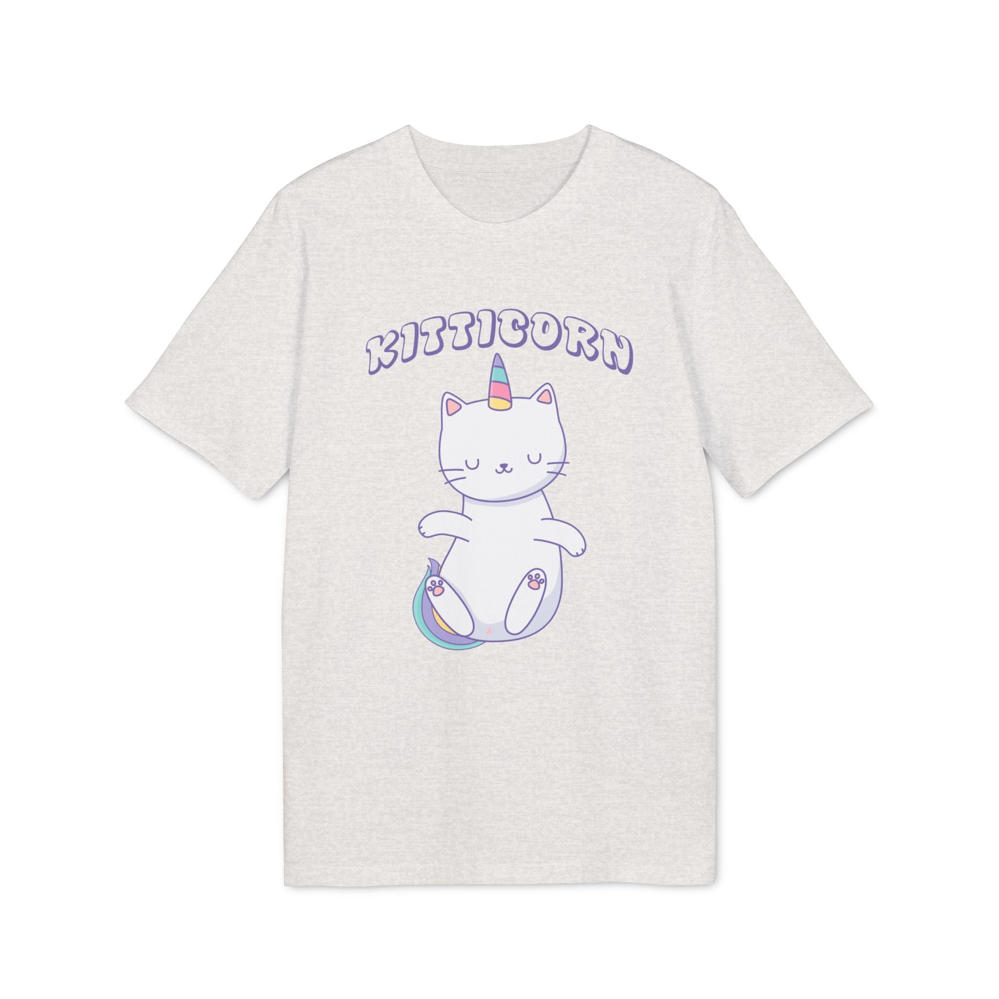 The Organic T-Shirt - Kitticorn Design features a light gray color, a cute cat with a unicorn horn and rainbow tail, plus "KITTICORN" in purple—making it the perfect unique gift for cat lovers.