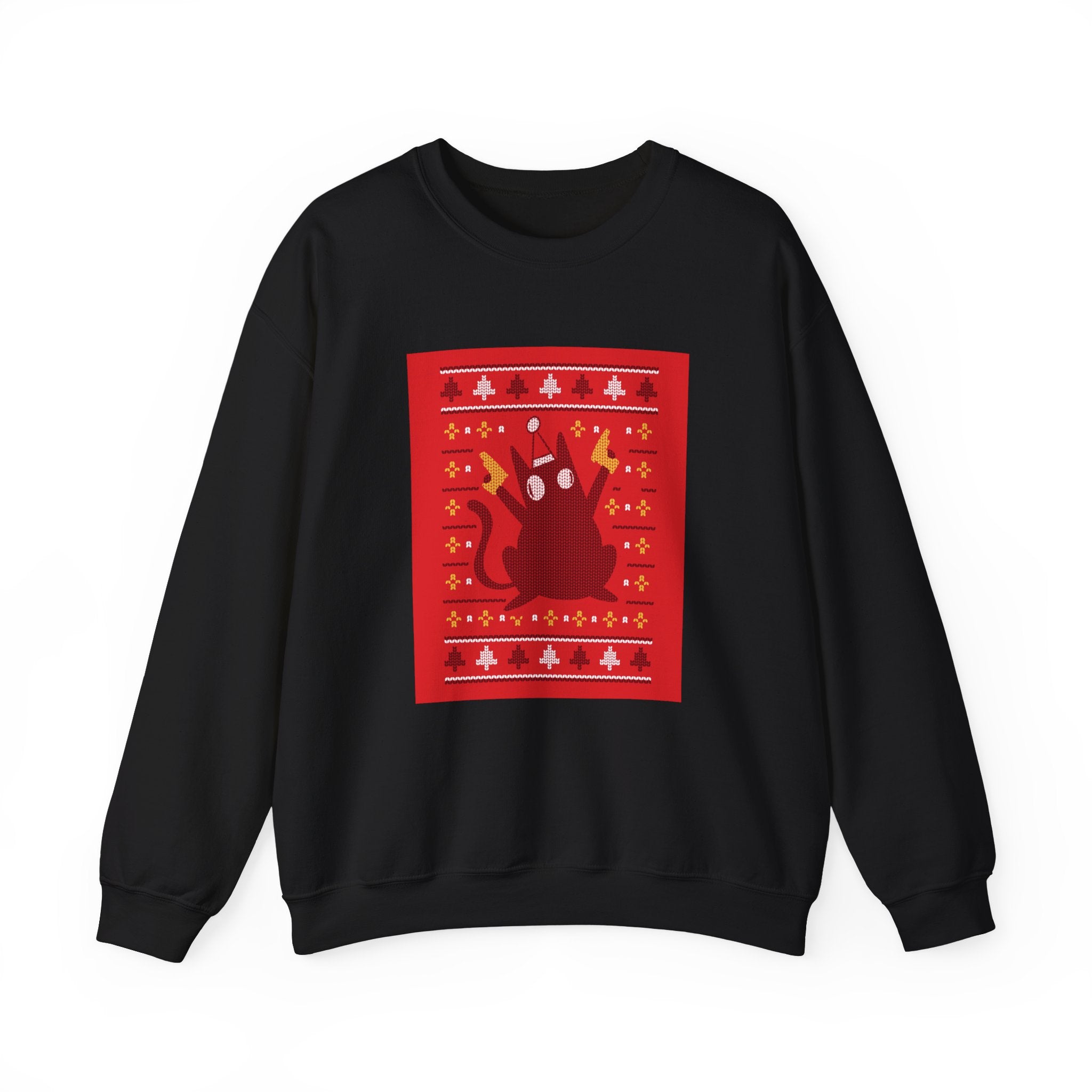 The Ugly Sweater Cat Sweatshirt is a black top with a red holiday cat graphic, candles, and yellow and white patterns—an ideal geek sweatshirt for fans of nerd culture.