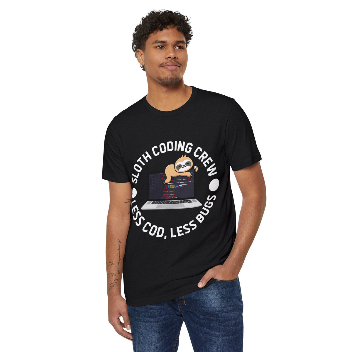 Sloth Coding Crew, Less Code Less Bugs Recycled Organic Tee
