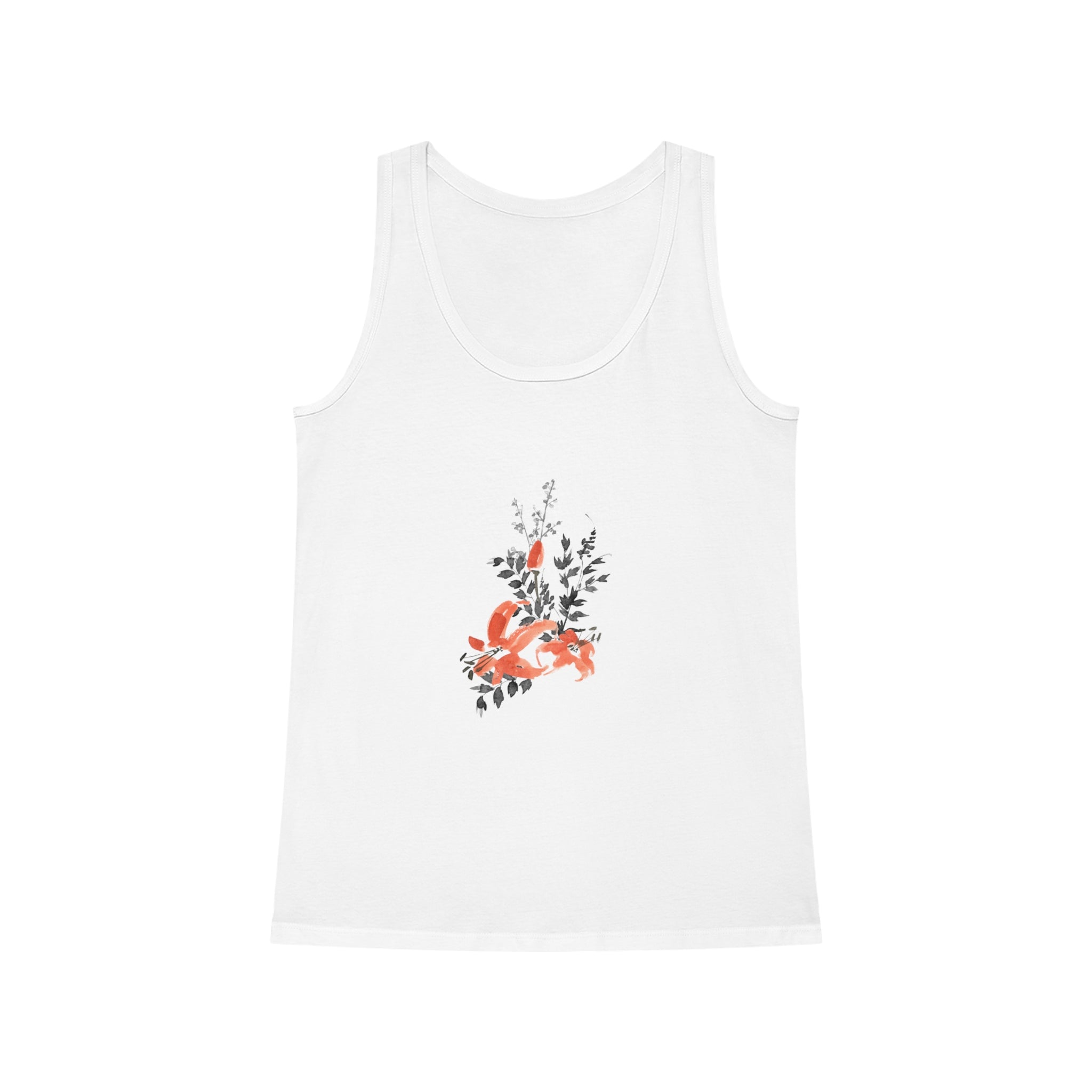 The Flowers Women's Dreamer Tank Top, made from organic cotton, showcases a white design with an orange and black floral pattern at its center for a comfortable feel.