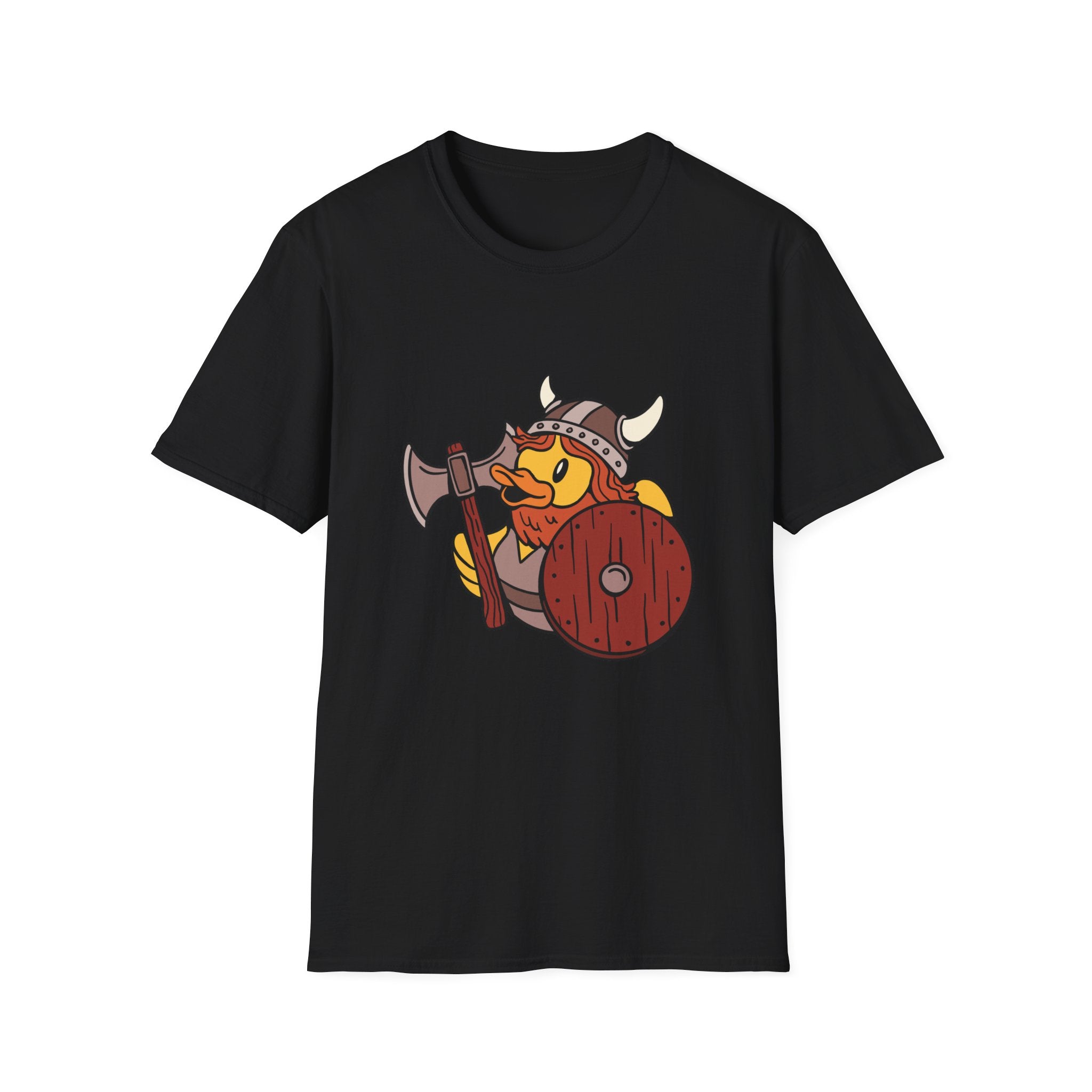 Introducing the Viking Duck T-Shirt: a quirky black tee with a cartoon duck dressed as a Viking, wielding an axe, shield, and horned helmet. Ideal for nerd culture fans and tech-savvy warriors!.