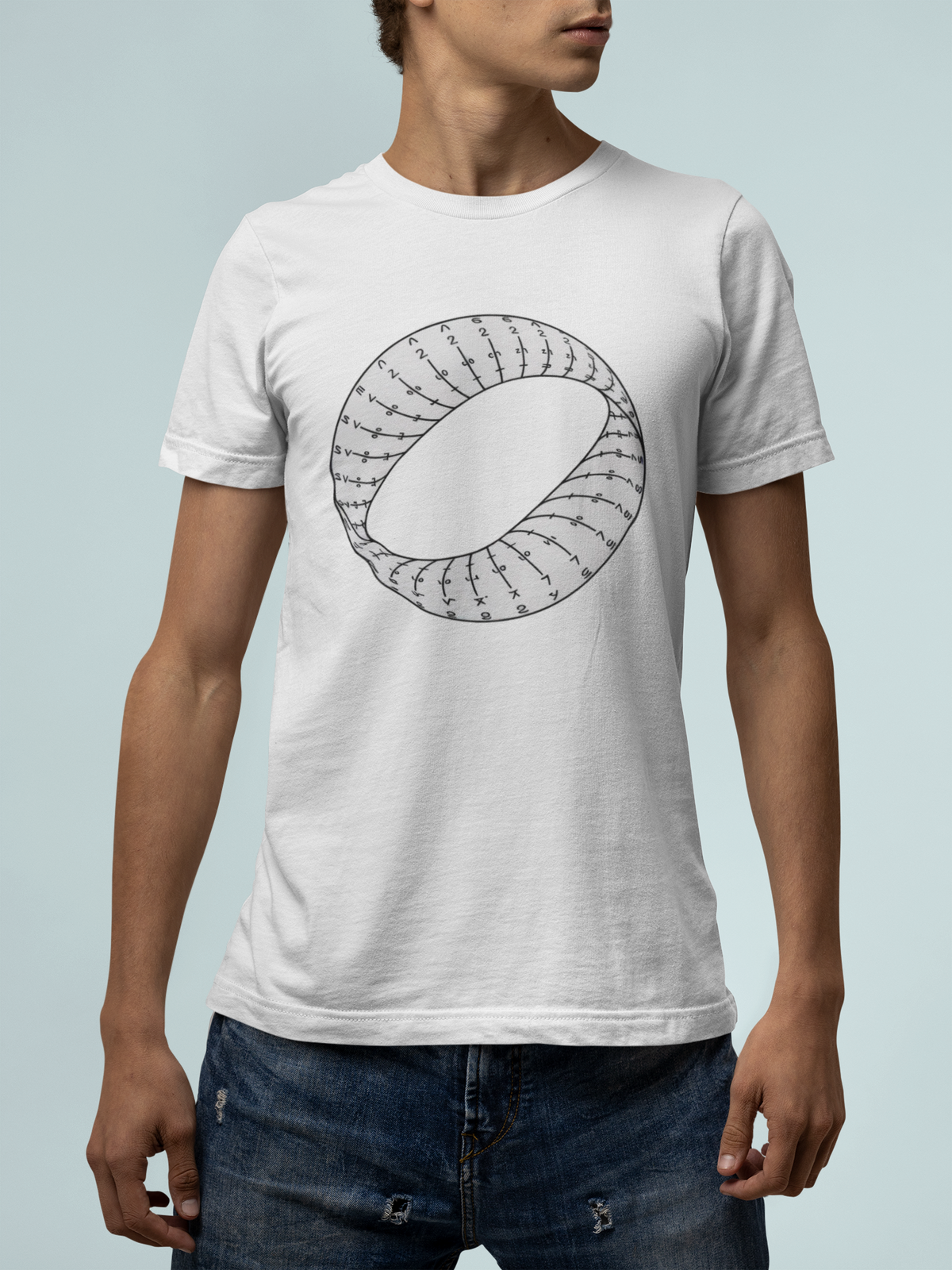 Mobius strip tee in white, man wearing it against a light blue backdrop, funny math teacher gift
