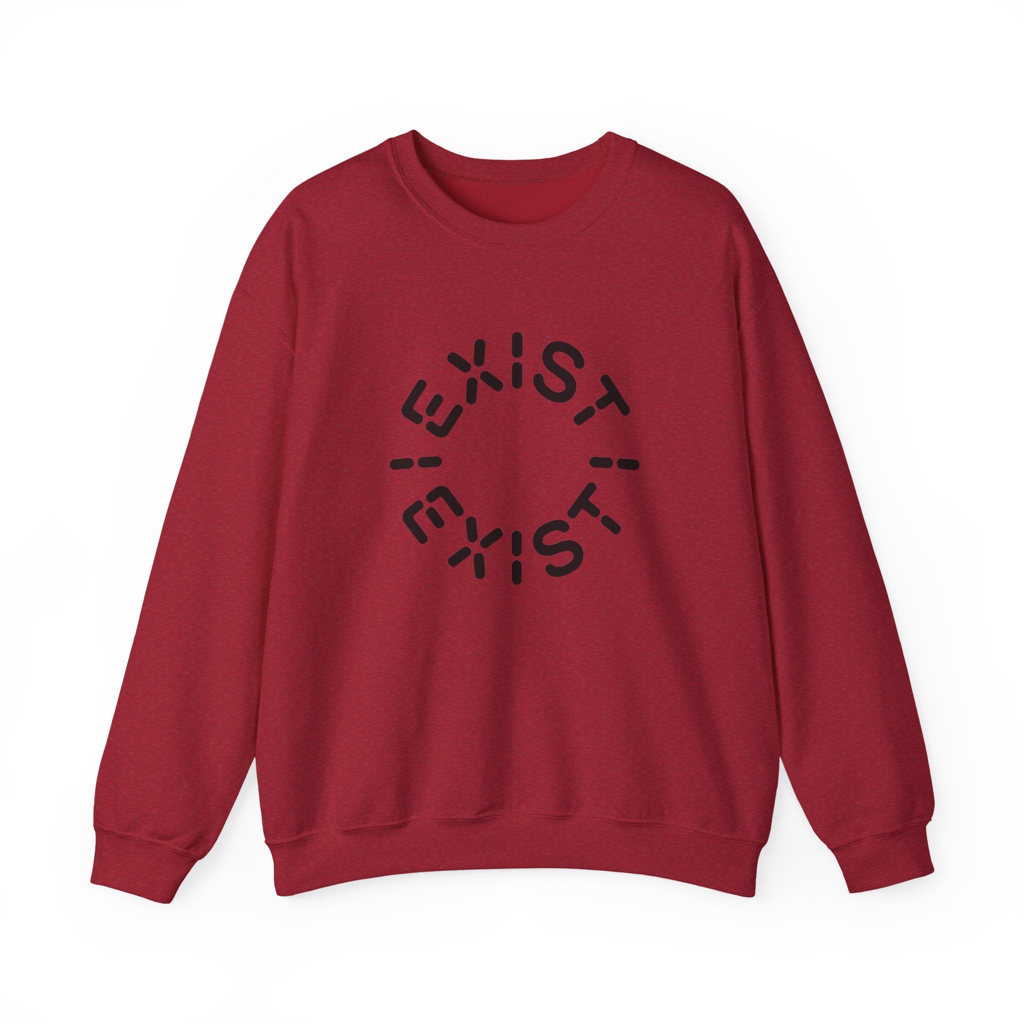 The Exist Exist - Sweatshirt is a red crewneck for space enthusiasts, featuring "EXIST" in black letters arranged in a circle on the front.