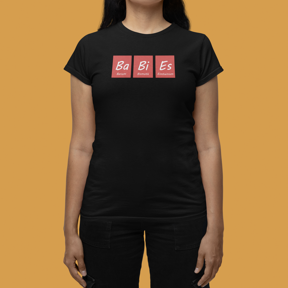 Ba-Bi-Es periodic table baby element pun women's relaxed-fit tee, lifestyle shot with the design in focus