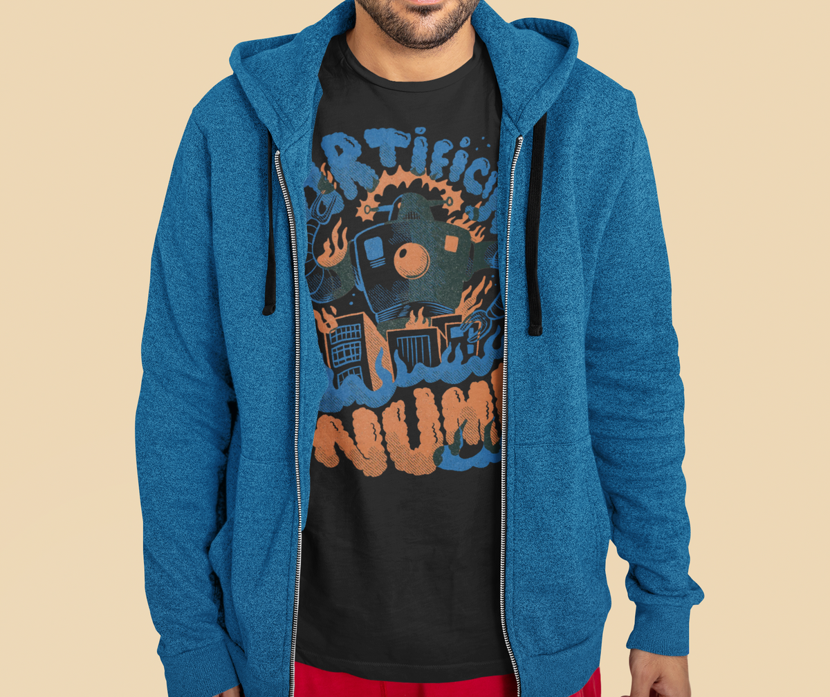 'Artificially Numb' robot design on a blue zip hoodie, man wearing it, funny sci-fi gift idea