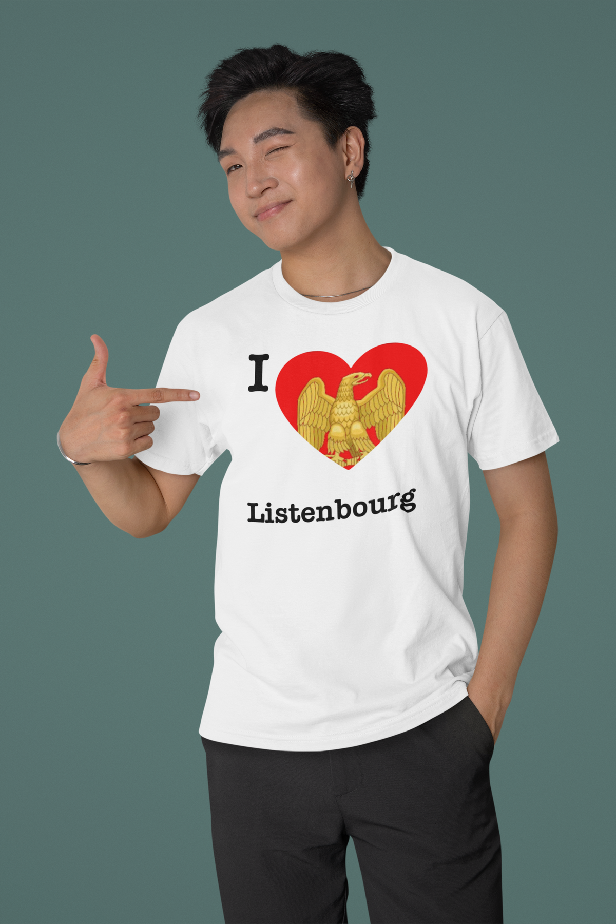 'I Love Listenbourg' eagle heart t-shirt in white, smiling man wearing it