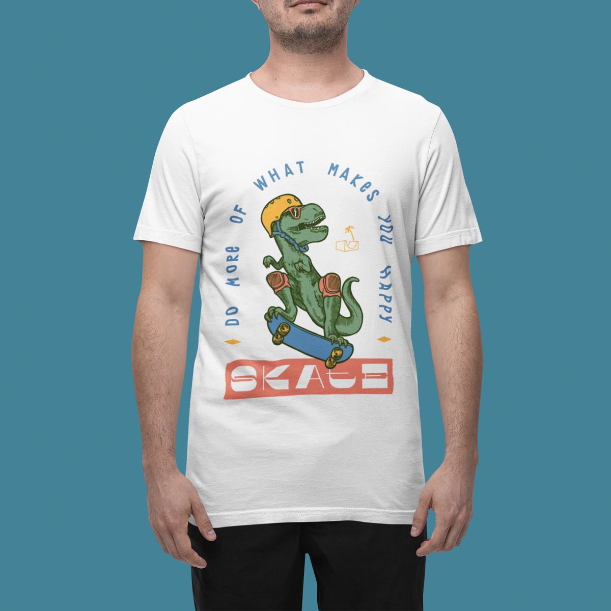 "Do More of What Makes You Happy" dino skateboarding t-shirt in white, man wearing it, funny skater gift