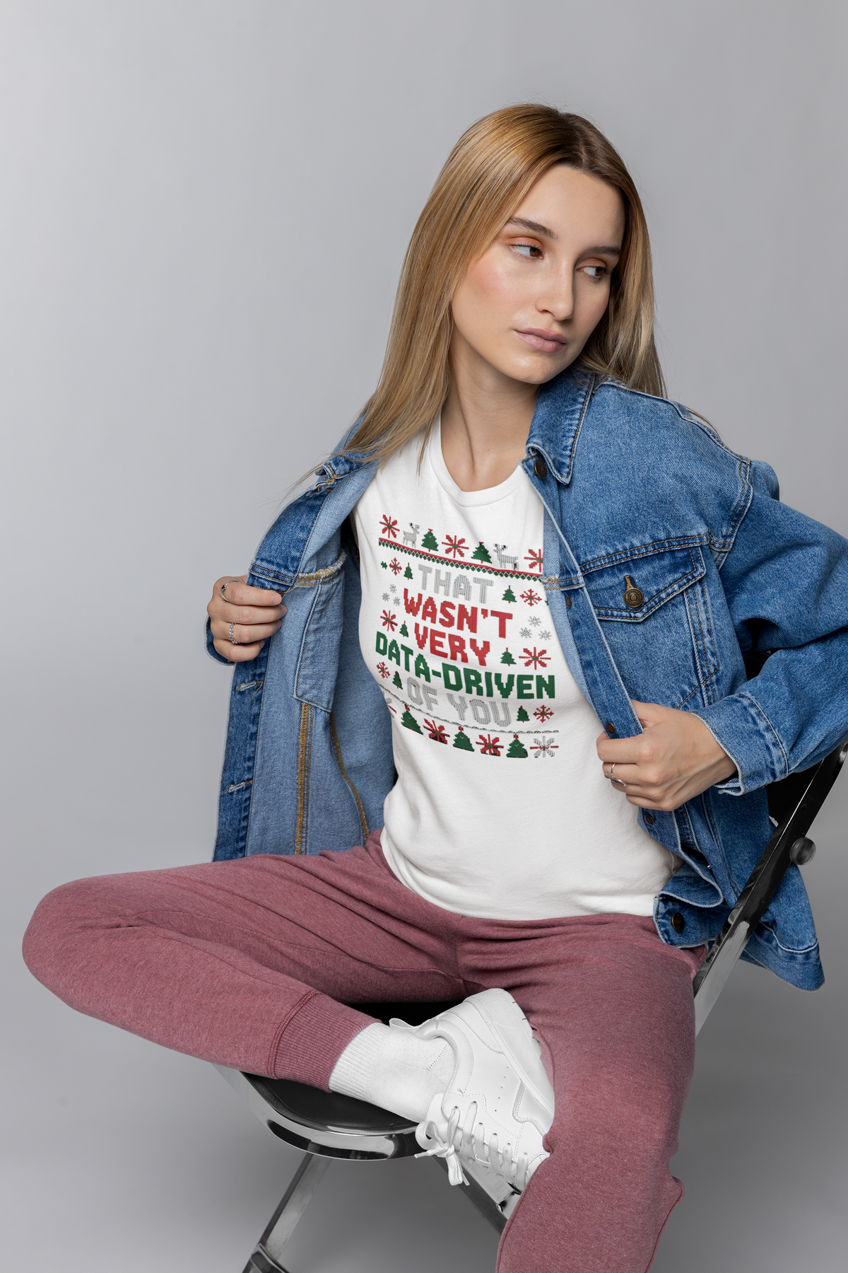 'That wasnt very data driven of you' oversized tee in white, woman wearing it with a jacket, gift