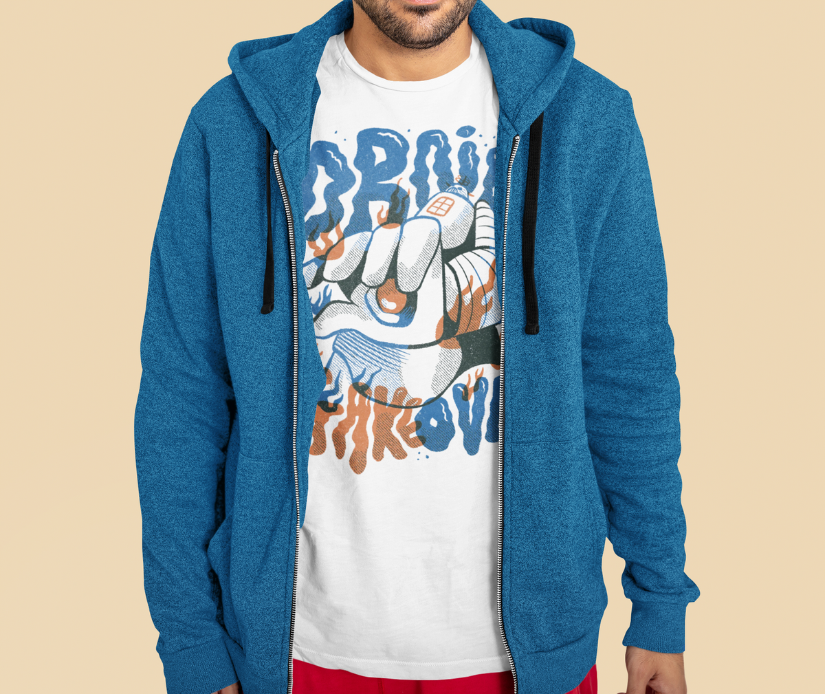 Droid Takes Over t-shirt in white, man model wearing it open under a blue zip hoodie