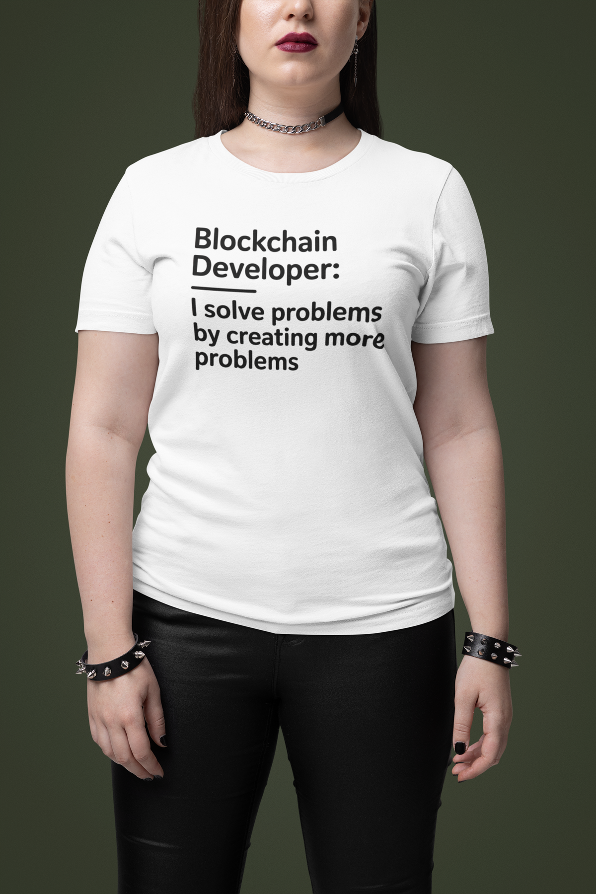 'Blockchain Developer' oversized tee in white, woman with choker wearing it, funny coder gift idea