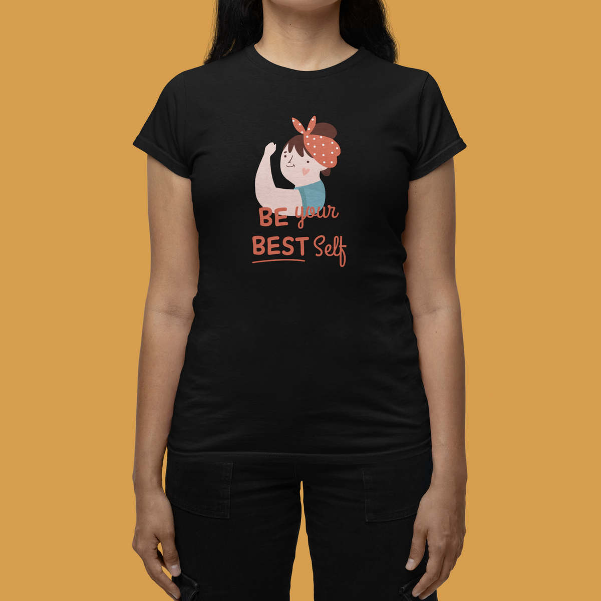 Be Your Best Self Women's T-Shirt in black, flat lay with a cute illustration, funny gift idea
