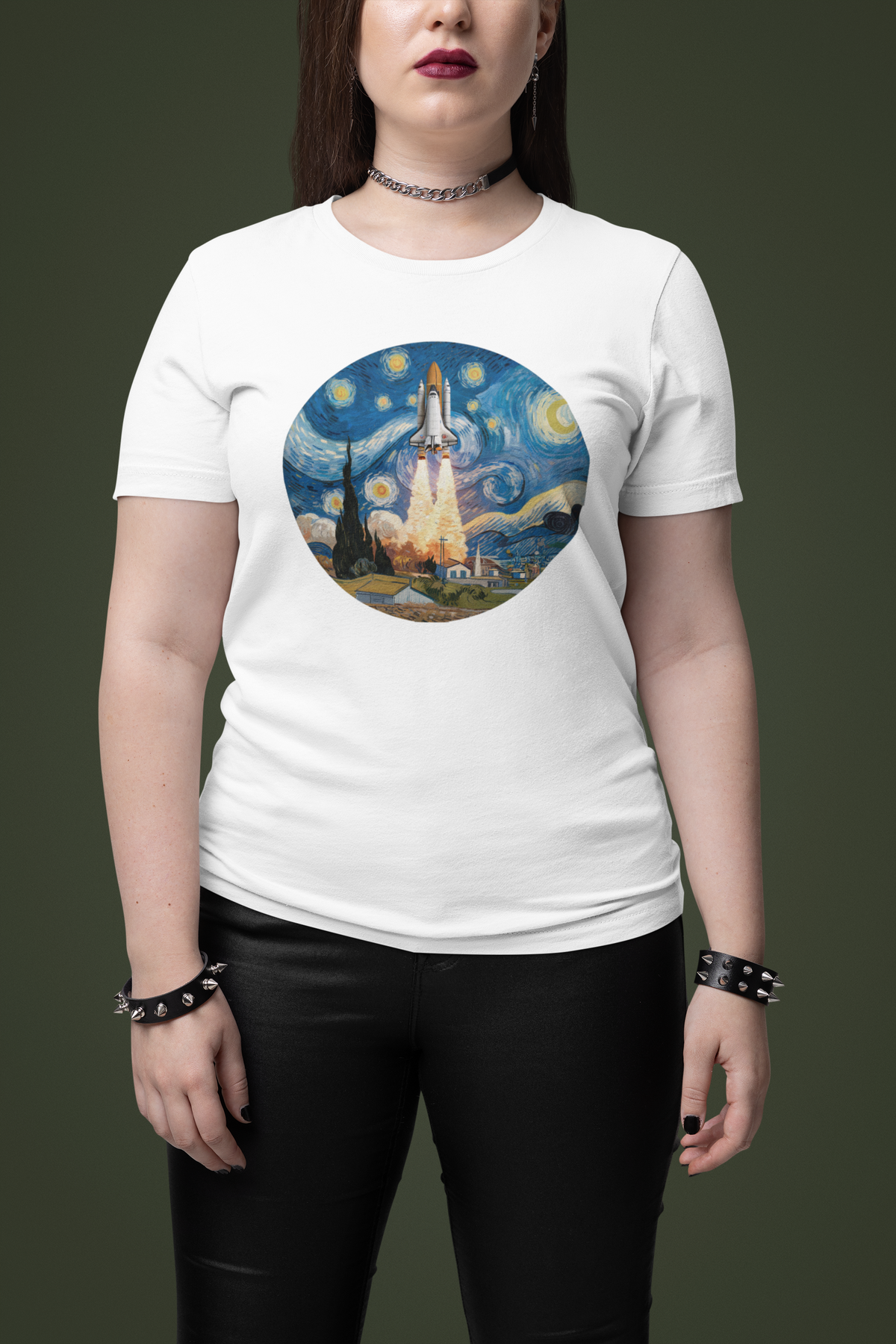 Van Gogh Spaceship T-Shirt in white, woman wearing it against dark green backdrop, starry night rocket tee