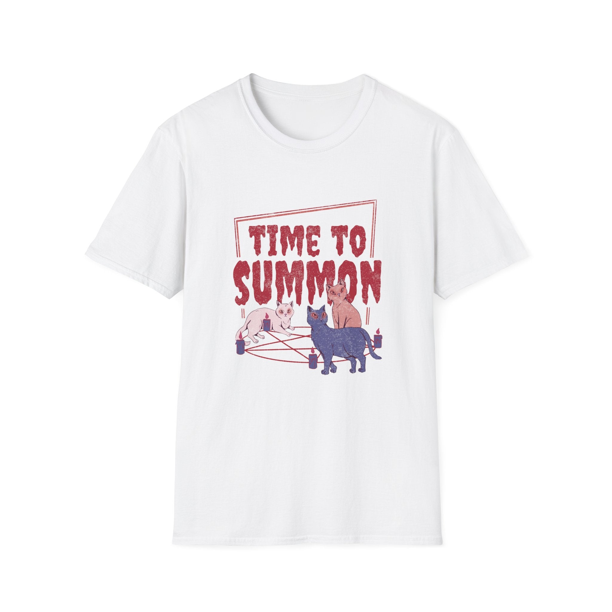 The Time to Summon T-Shirt features three cats circling a pentagram with candles beneath bold red "Time to Summon" text, ideal for nerdy legend enthusiasts wanting a unique casual wear twist.