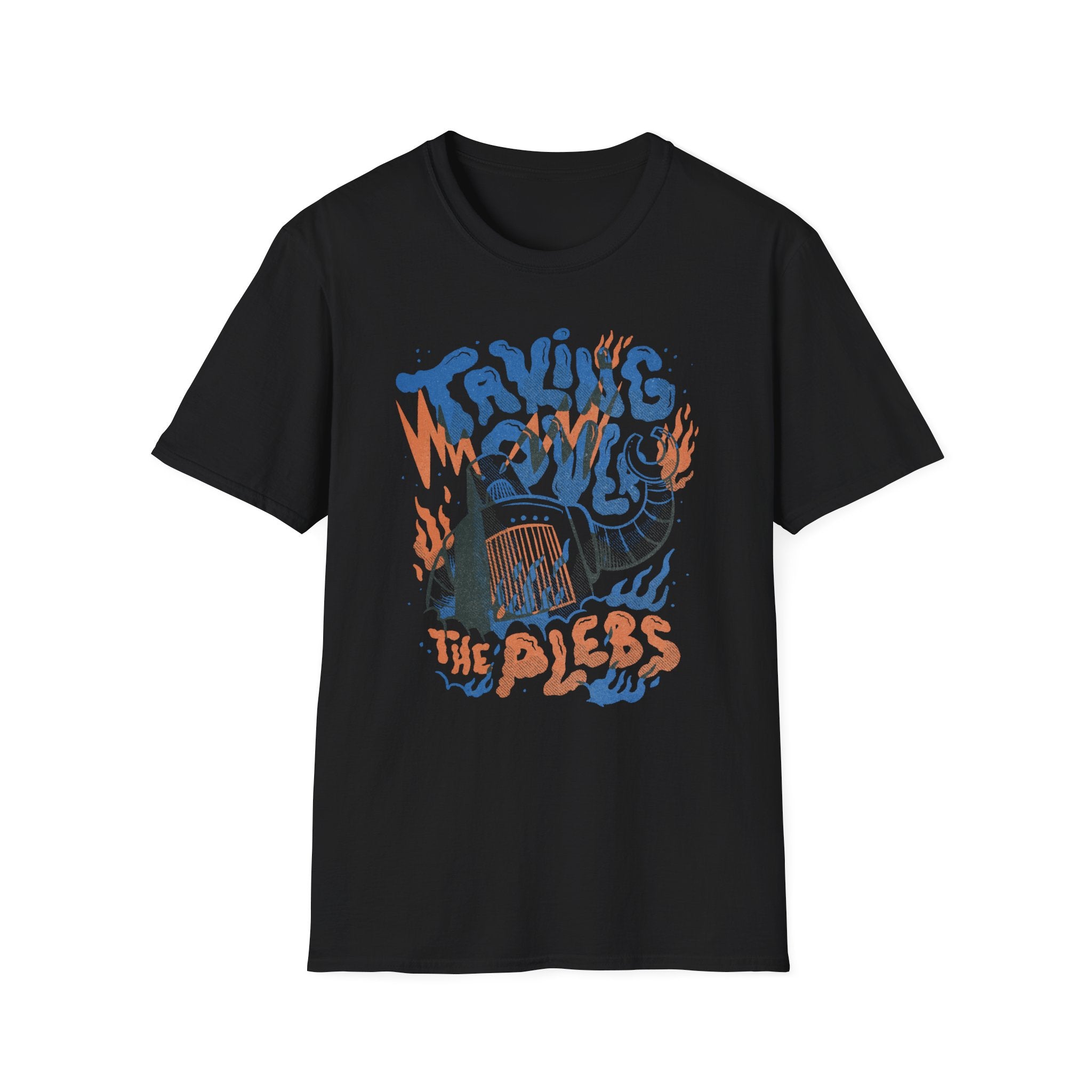 The "Taking Over the Pless" T-shirt is a stylish black piece featuring vibrant graffiti-style flames, colorful text, and blue decorations for a comfortable yet edgy look.