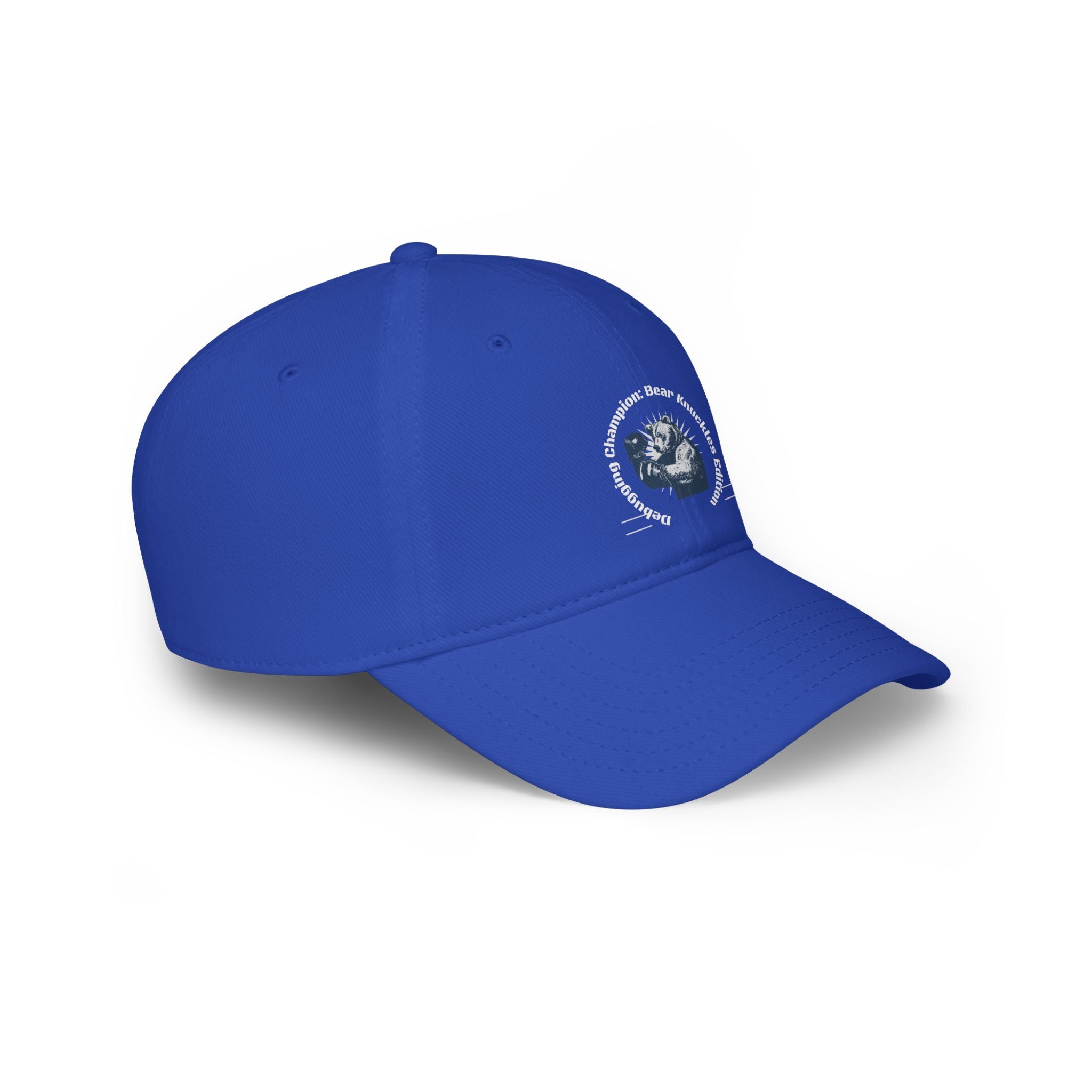 A blue baseball cap with reinforced stitching and a logo featuring a globe and hand design, proudly labeled "Debugging Champion - Hat" on the front side.