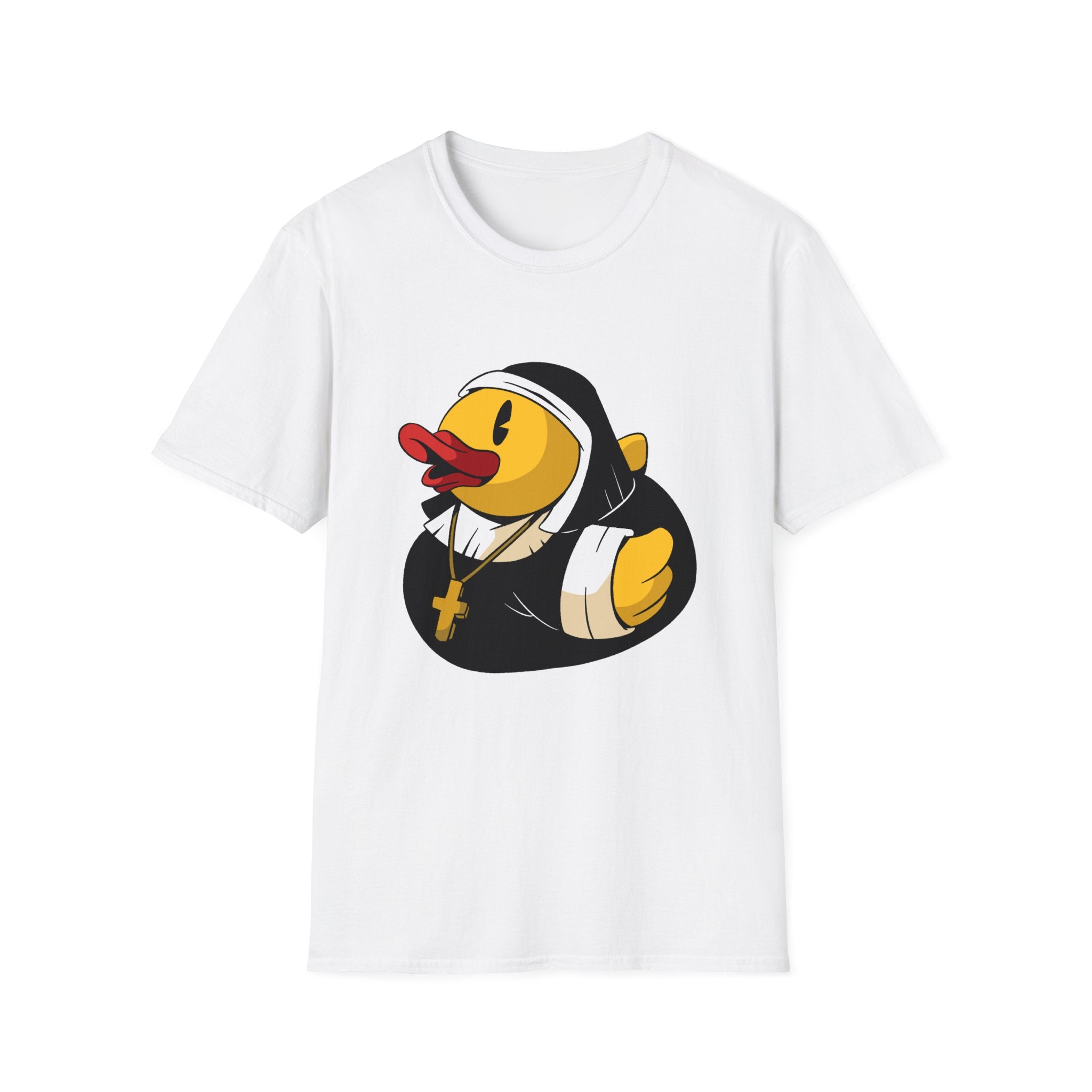 The Nun Duck T-Shirt showcases a cartoonish yellow duck in a nun's habit and cross necklace, made from breathable cotton for comfort.