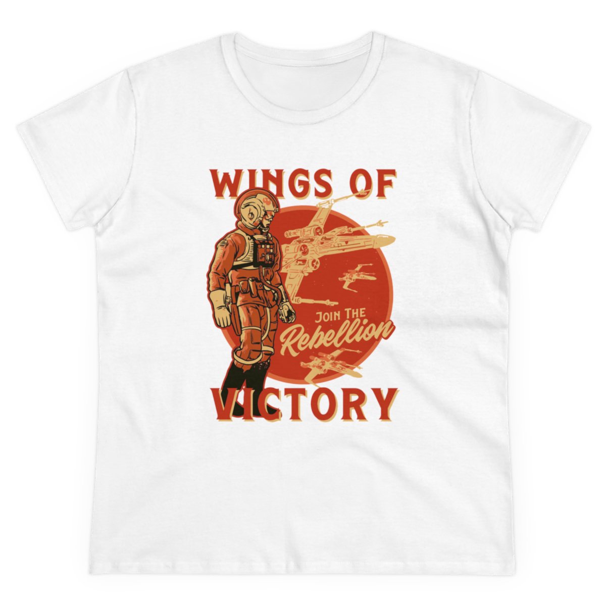 The Wings of Victory - Women's Tee is a white shirt with a vintage pilot and starships graphic plus "Wings of Victory. Join the Rebellion." in bold red and yellow—a must-have for any geek or nerd culture fan.