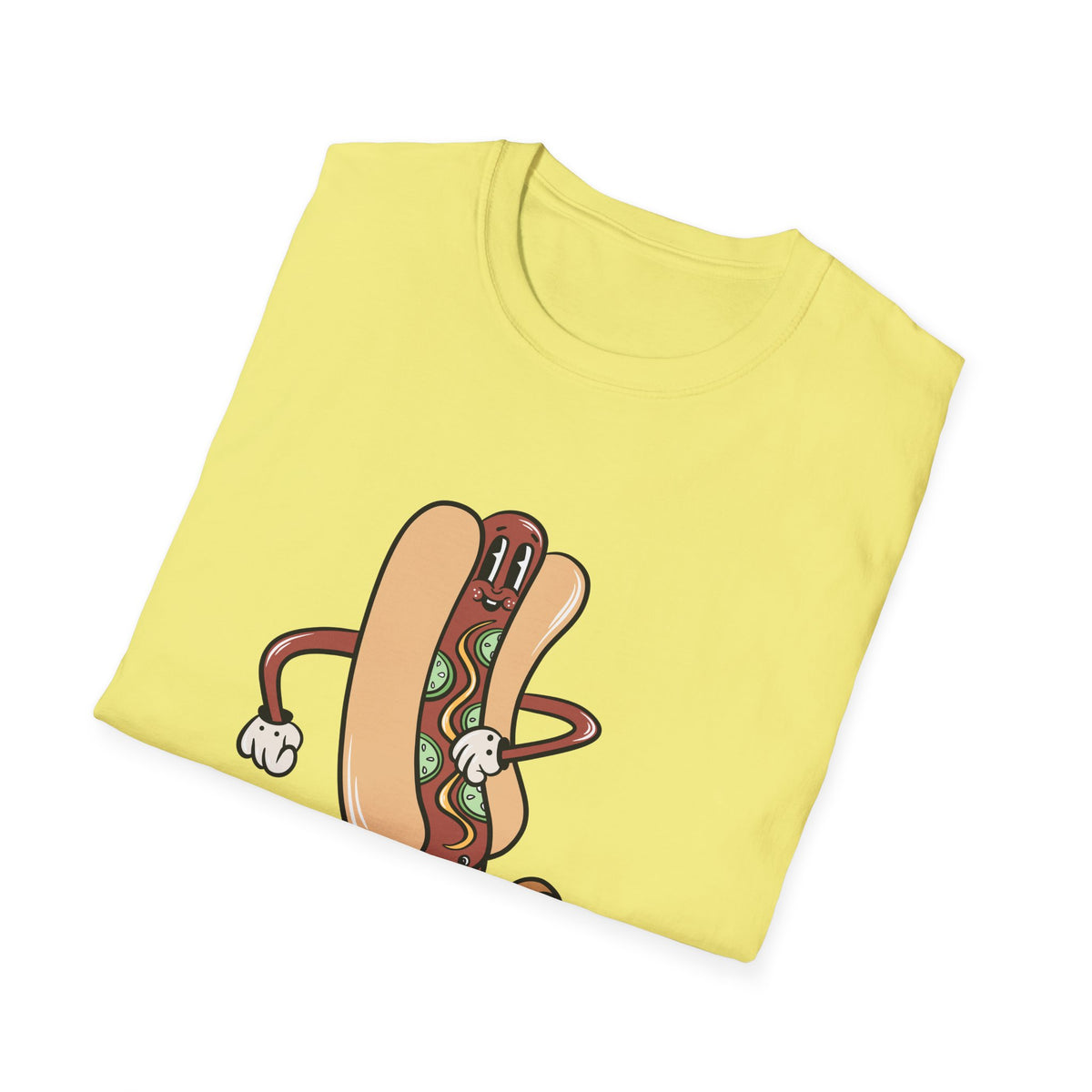 Hotdog Cartoon t-shirt in cornsilk yellow, folded flat lay showing front print, funny foodie gift