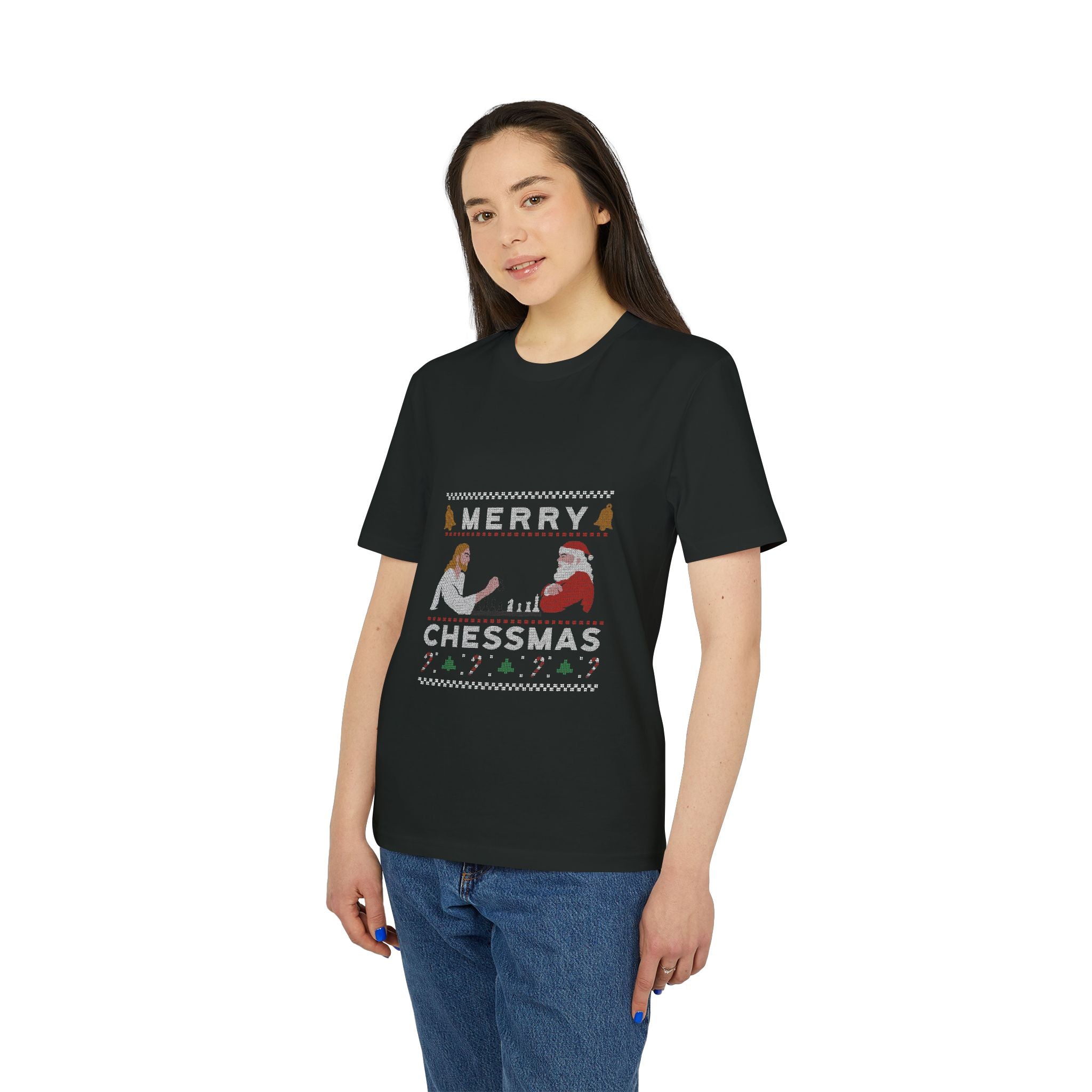 A woman models the "Merry Chessmas - Organic T-Shirt," a black, holiday-themed chess graphic tee made from organic cotton. Ideal for eco-conscious shoppers seeking festive style.