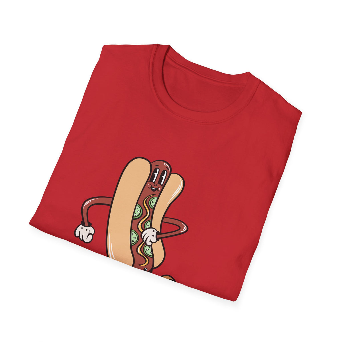 Hotdog Cartoon t-shirt in red, folded flat lay showing front print, funny gift for foodies